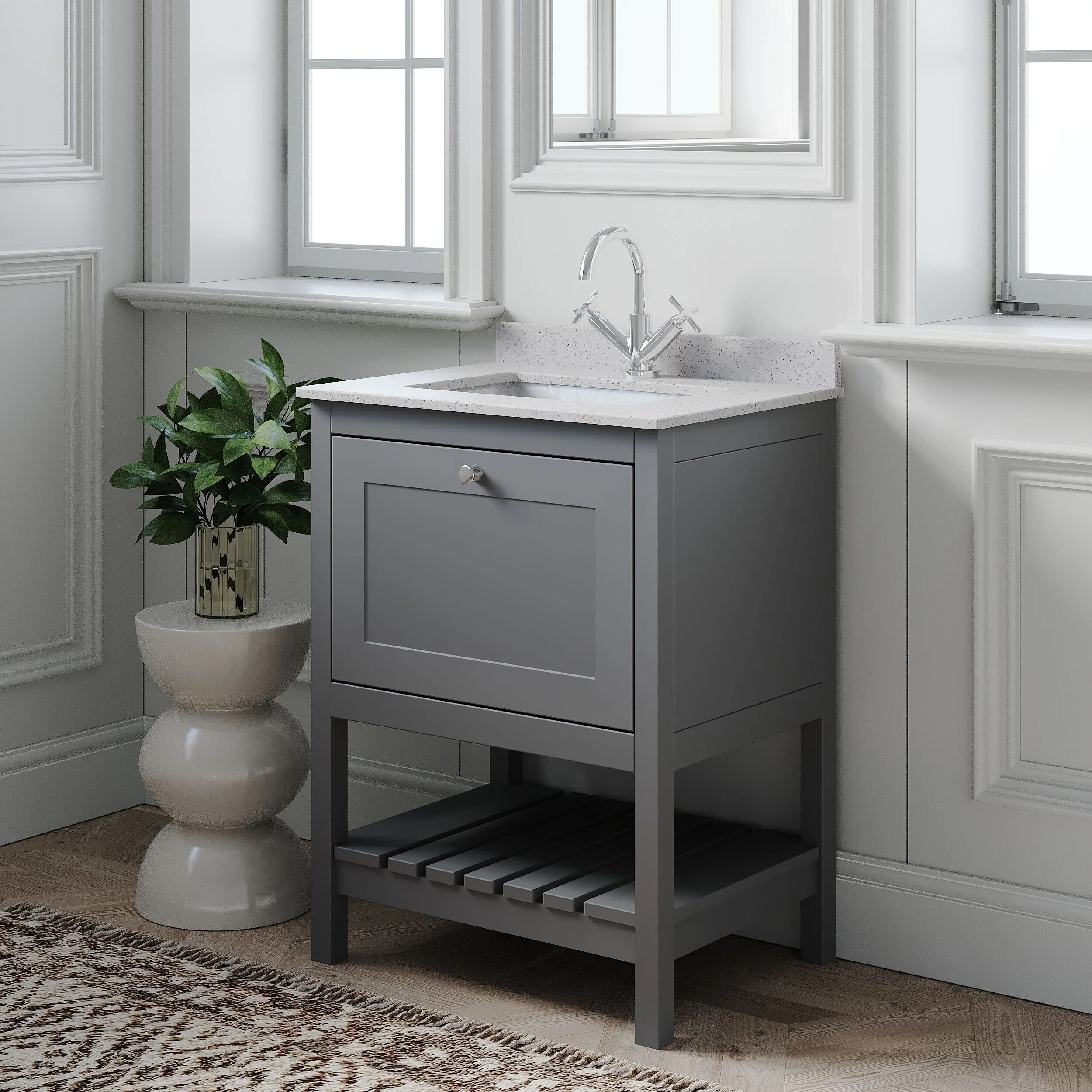 Balterley Rye Bathroom Floor Standing 1 Drawer Vanity & Single Bowl 1 Tap Hole Marble Top, Cool Grey/White, 620mm - Image 4