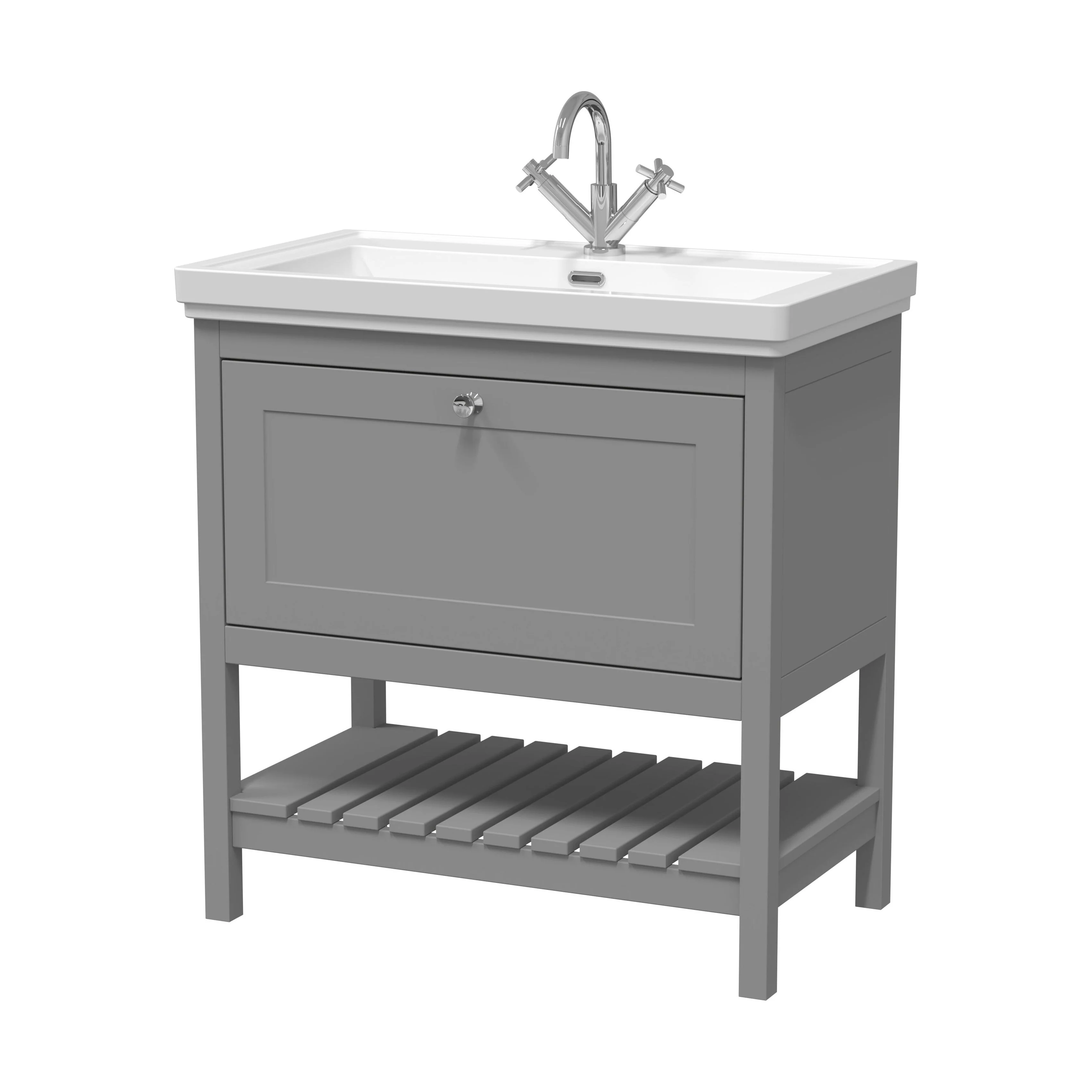 Balterley Rye Bathroom Floor Standing 1 Drawer Vanity & 1 Tap Hole Basin, Cool Grey, 830mm