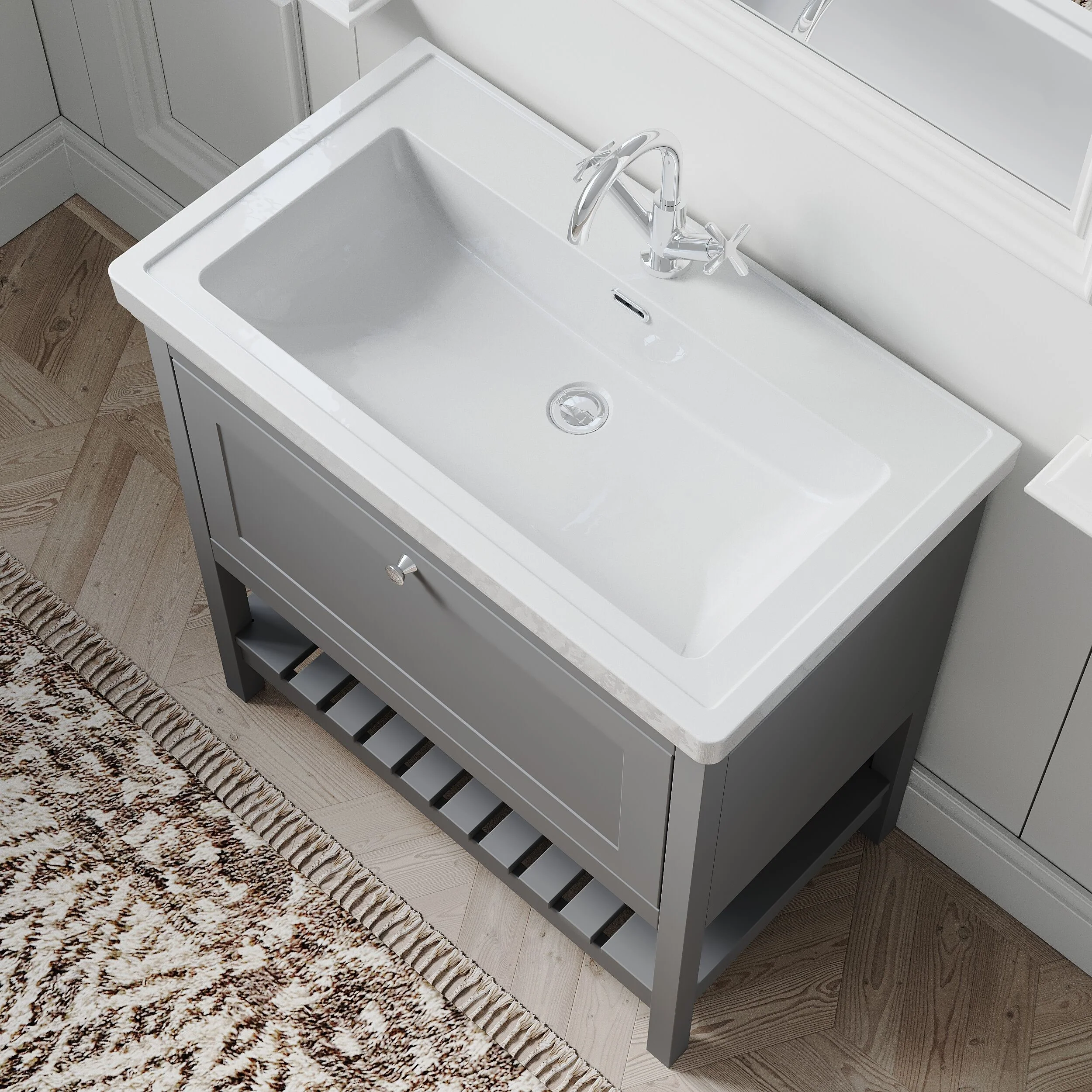 Balterley Rye Bathroom Floor Standing 1 Drawer Vanity & 1 Tap Hole Basin, Cool Grey, 830mm - Image 3