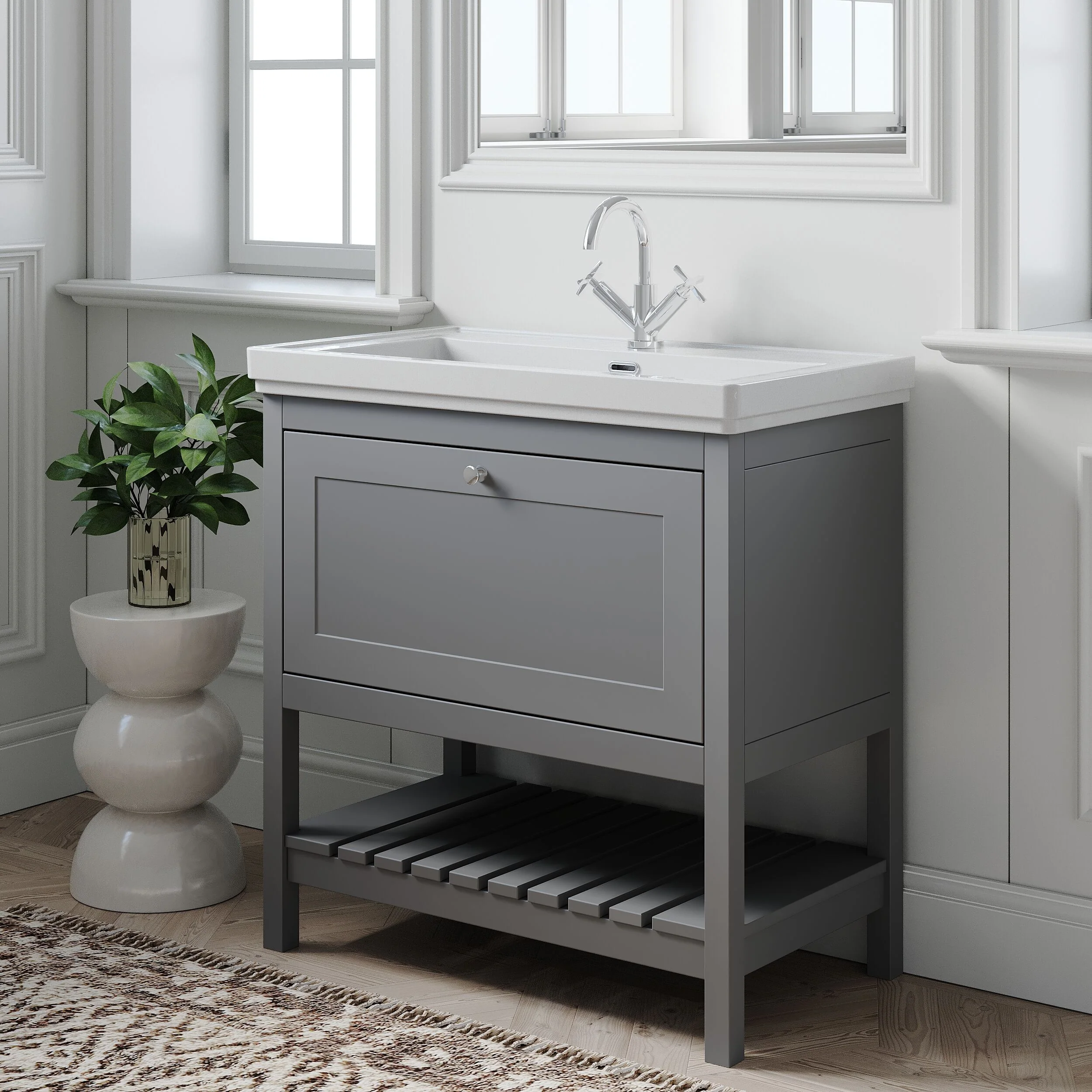 Balterley Rye Bathroom Floor Standing 1 Drawer Vanity & 1 Tap Hole Basin, Cool Grey, 830mm - Image 4