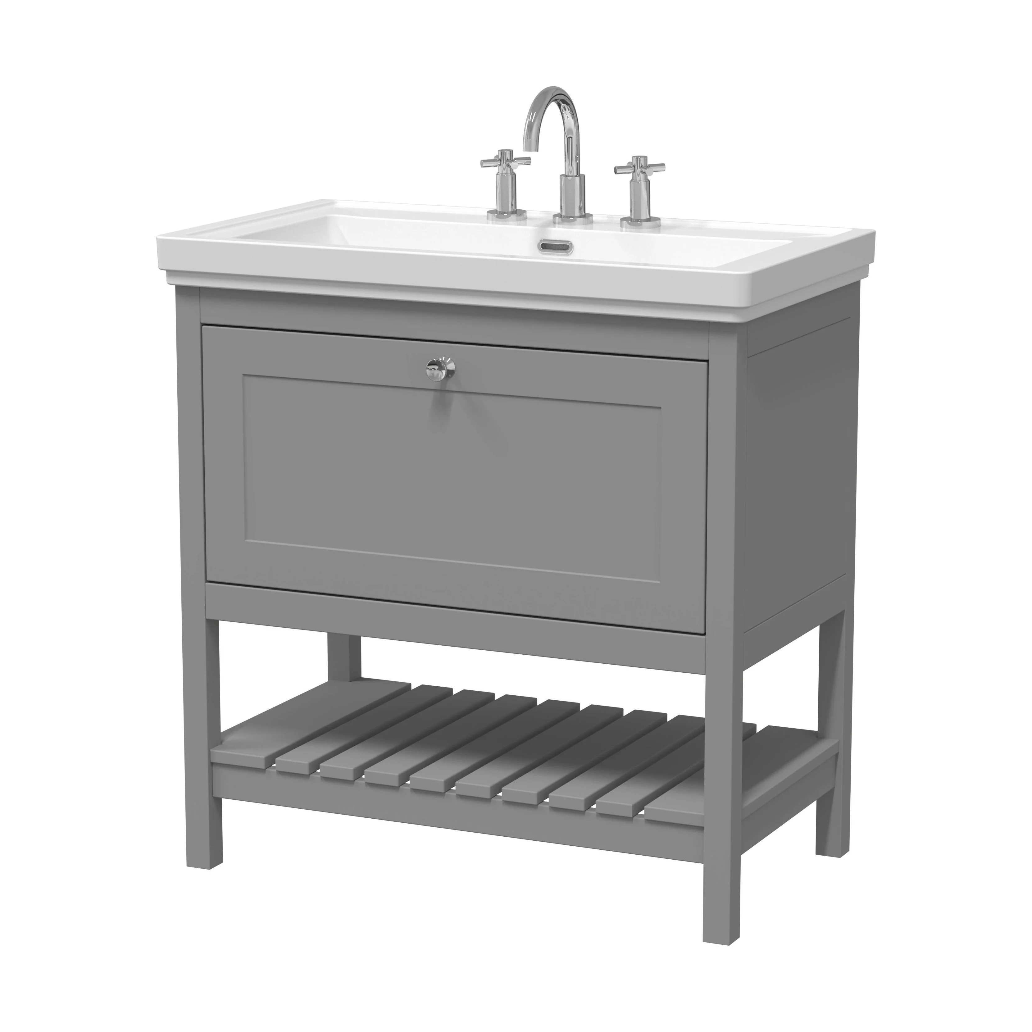 Balterley Rye Bathroom Floor Standing 1 Drawer Vanity & 3 Tap Hole Basin, Cool Grey, 830mm