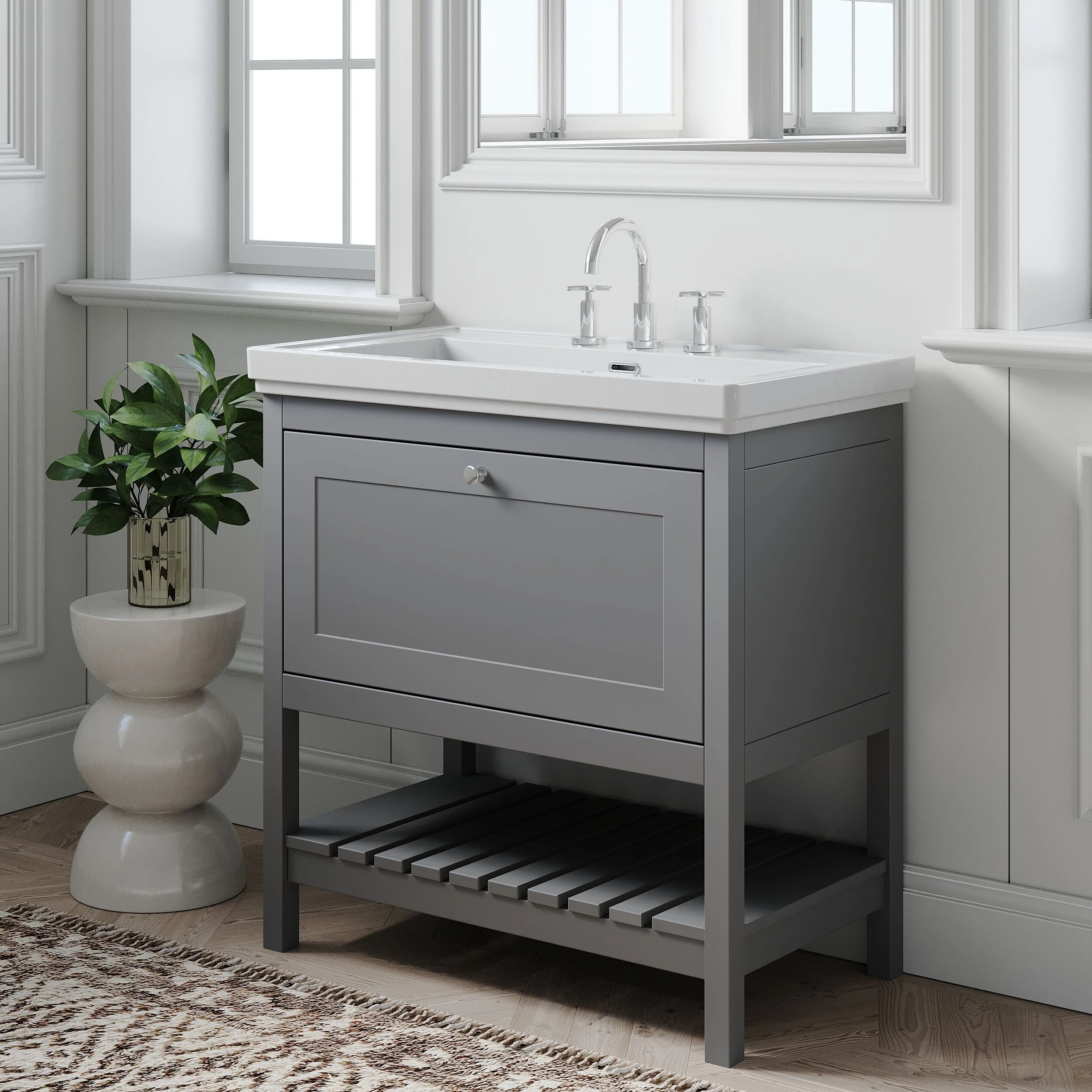 Balterley Rye Bathroom Floor Standing 1 Drawer Vanity & 3 Tap Hole Basin, Cool Grey, 830mm - Image 4
