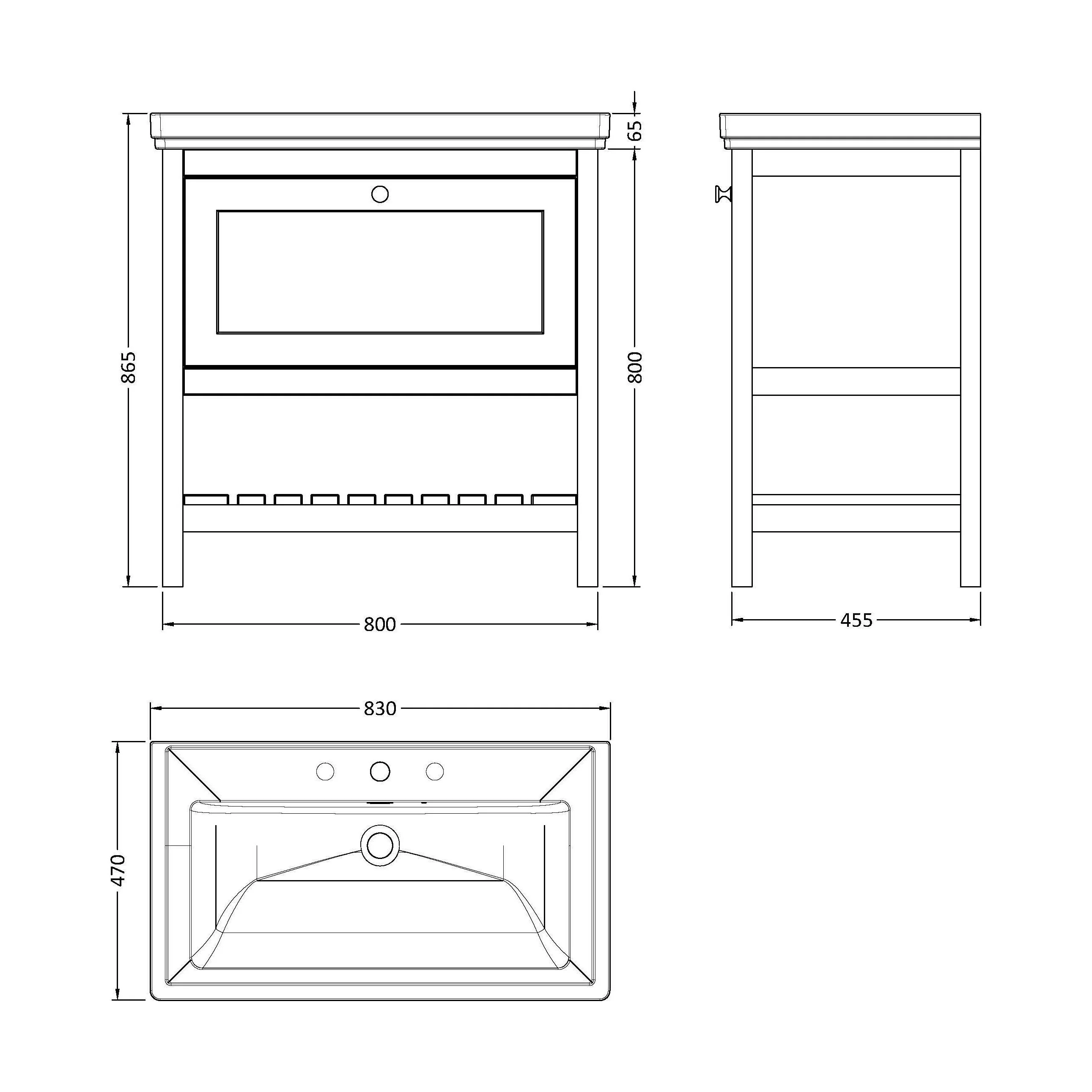Balterley Rye Bathroom Floor Standing 1 Drawer Vanity & 3 Tap Hole Basin, Cool Grey, 830mm - Image 5