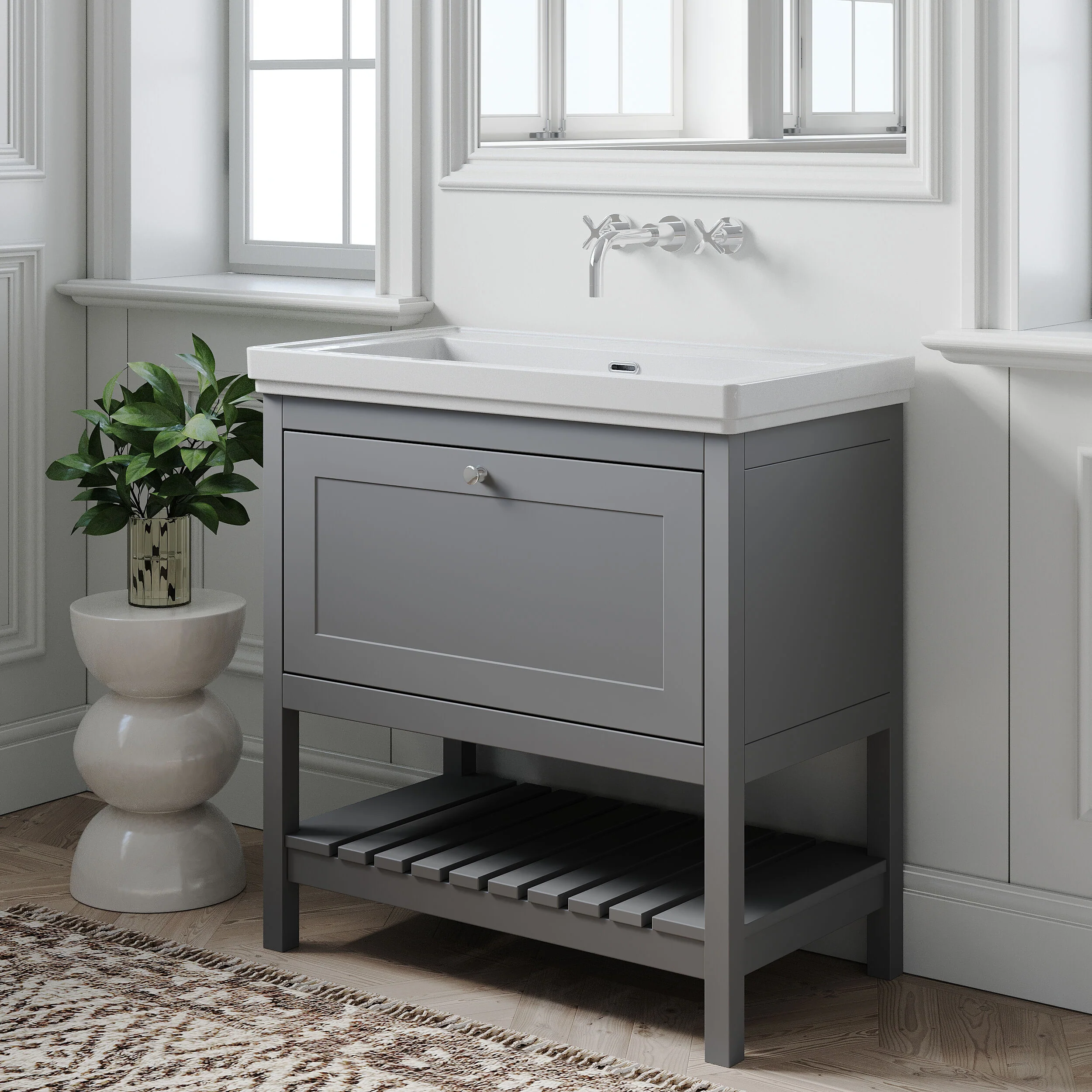 Balterley Rye Bathroom Floor Standing 1 Drawer Vanity & 0 Tap Hole Basin, Cool Grey, 830mm - Image 4