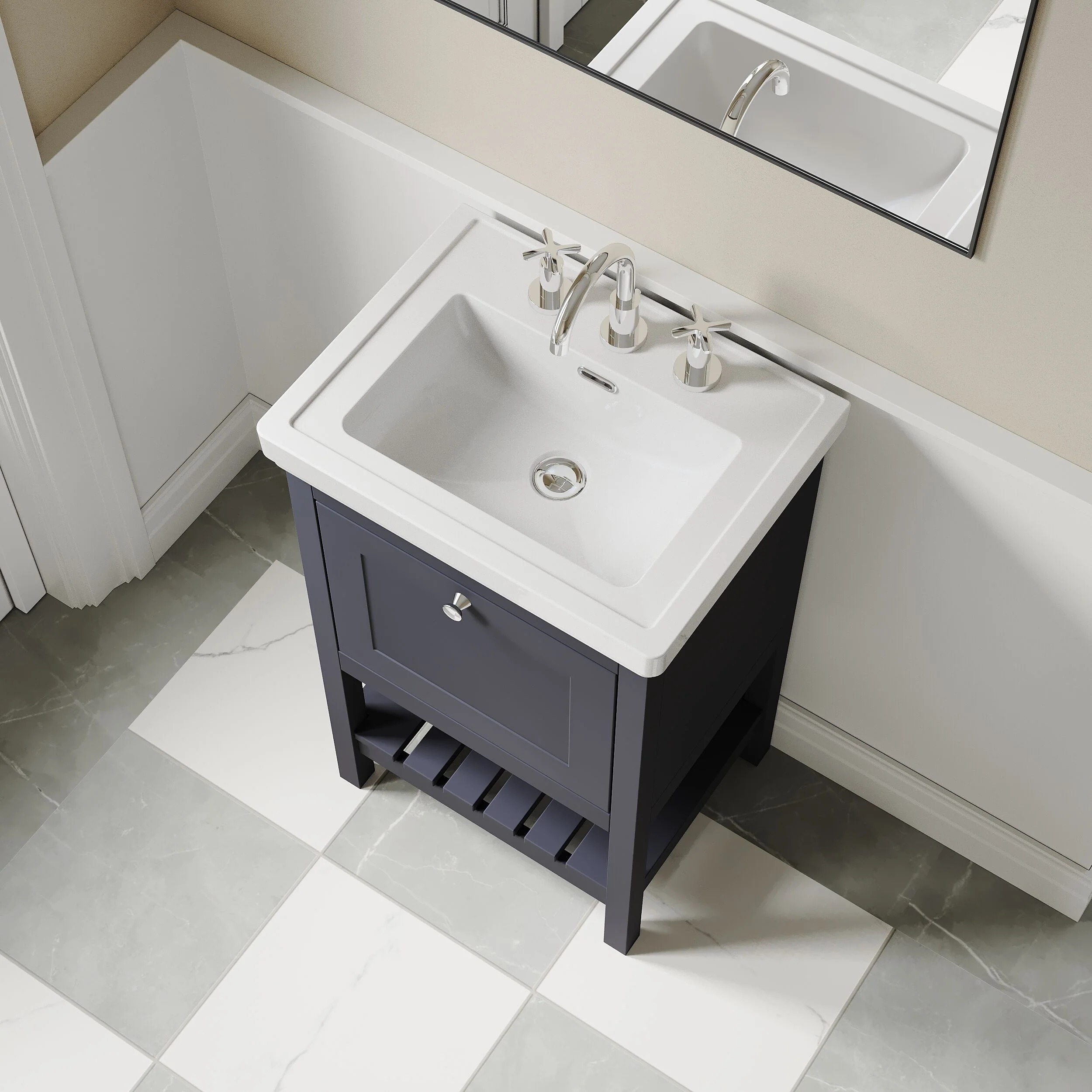 Balterley Rye Bathroom Floor Standing 1 Drawer Vanity & 3 Tap Hole Fireclay Basin, Indigo Blue, 531mm - Image 3