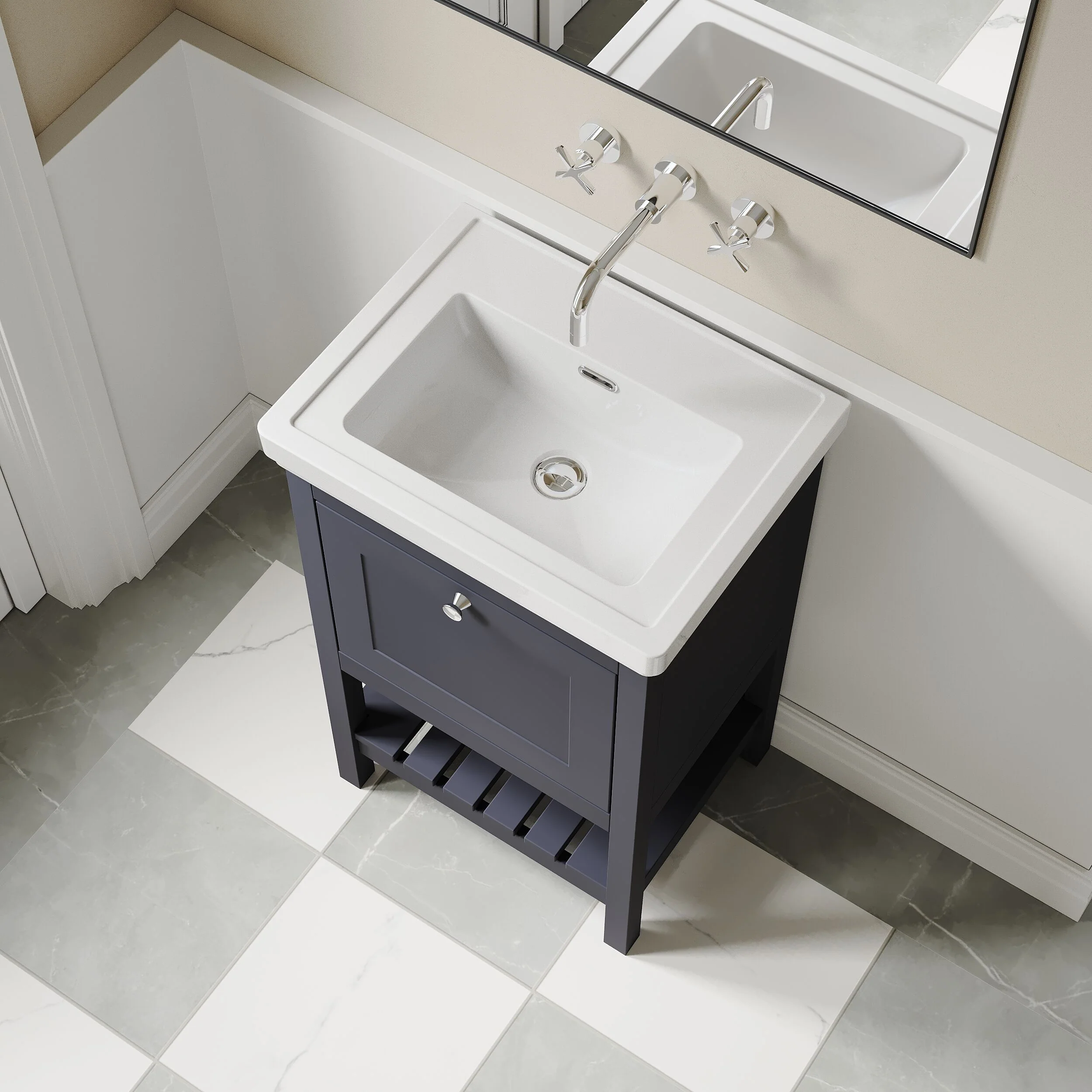 Balterley Rye Bathroom Floor Standing 1 Drawer Vanity & 0 Tap Hole Fireclay Basin, Indigo Blue, 500mm - Image 3
