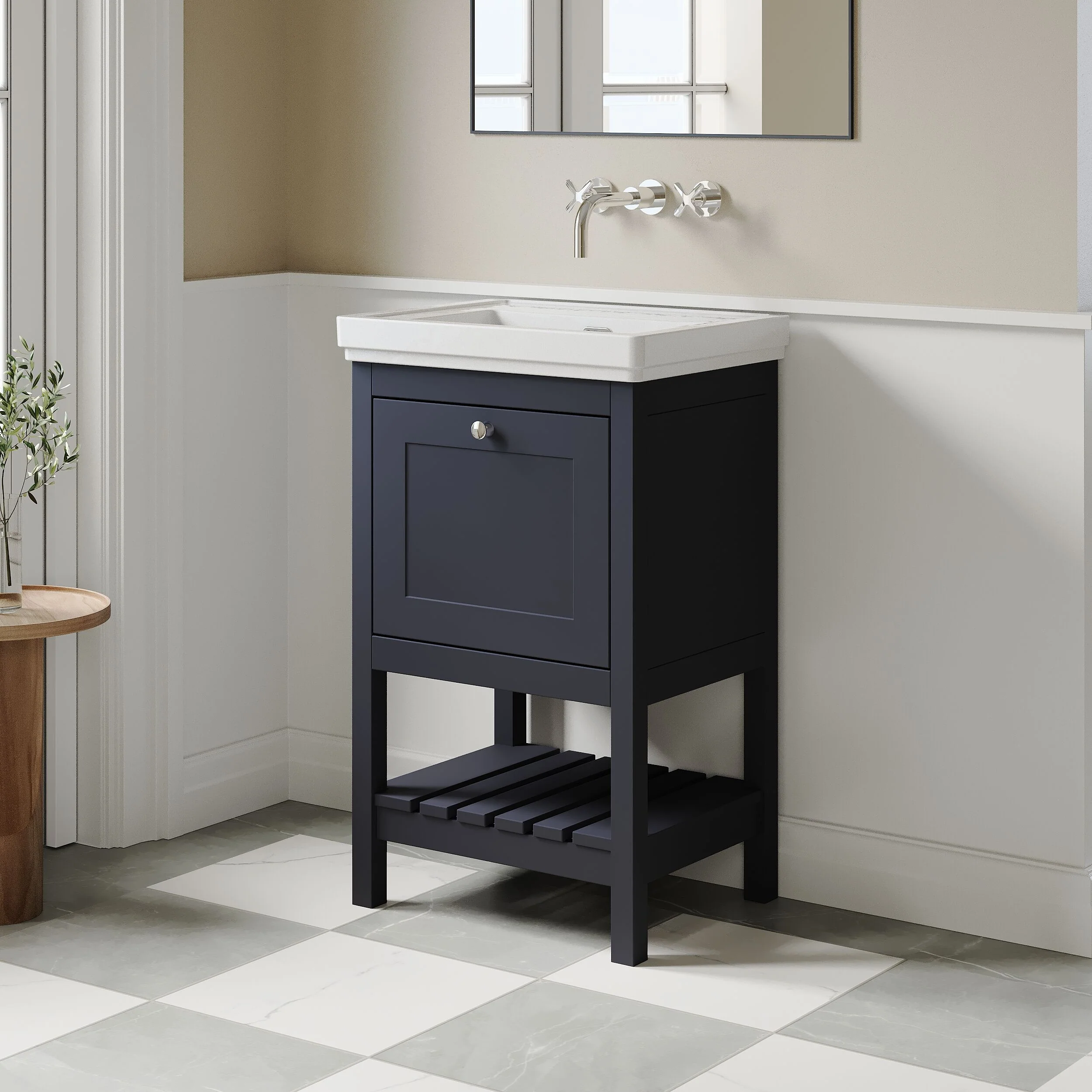 Balterley Rye Bathroom Floor Standing 1 Drawer Vanity & 0 Tap Hole Fireclay Basin, Indigo Blue, 500mm - Image 4