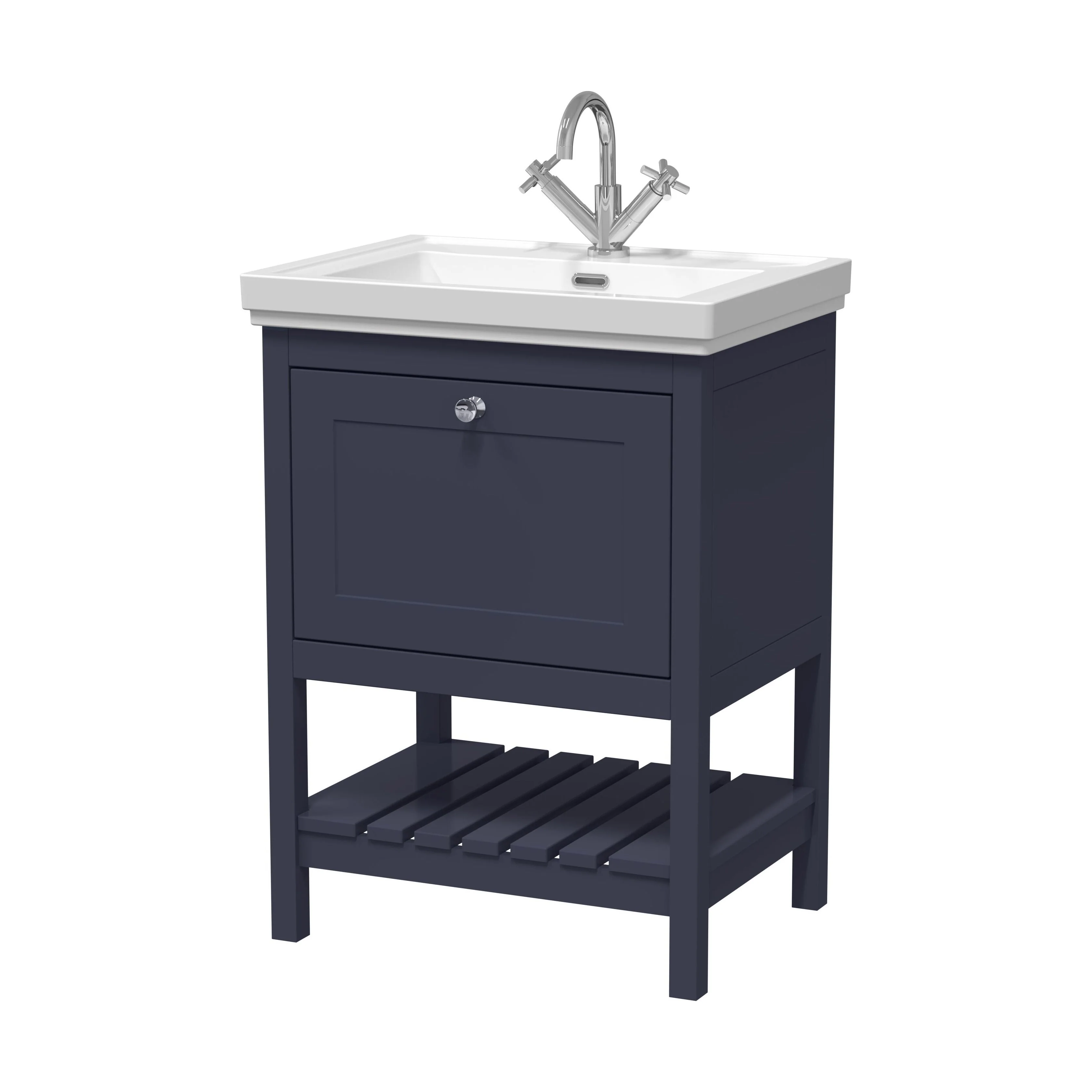 Balterley Rye Bathroom Floor Standing 1 Drawer Vanity & 1 Tap Hole Fireclay Basin, Indigo Blue, 600mm