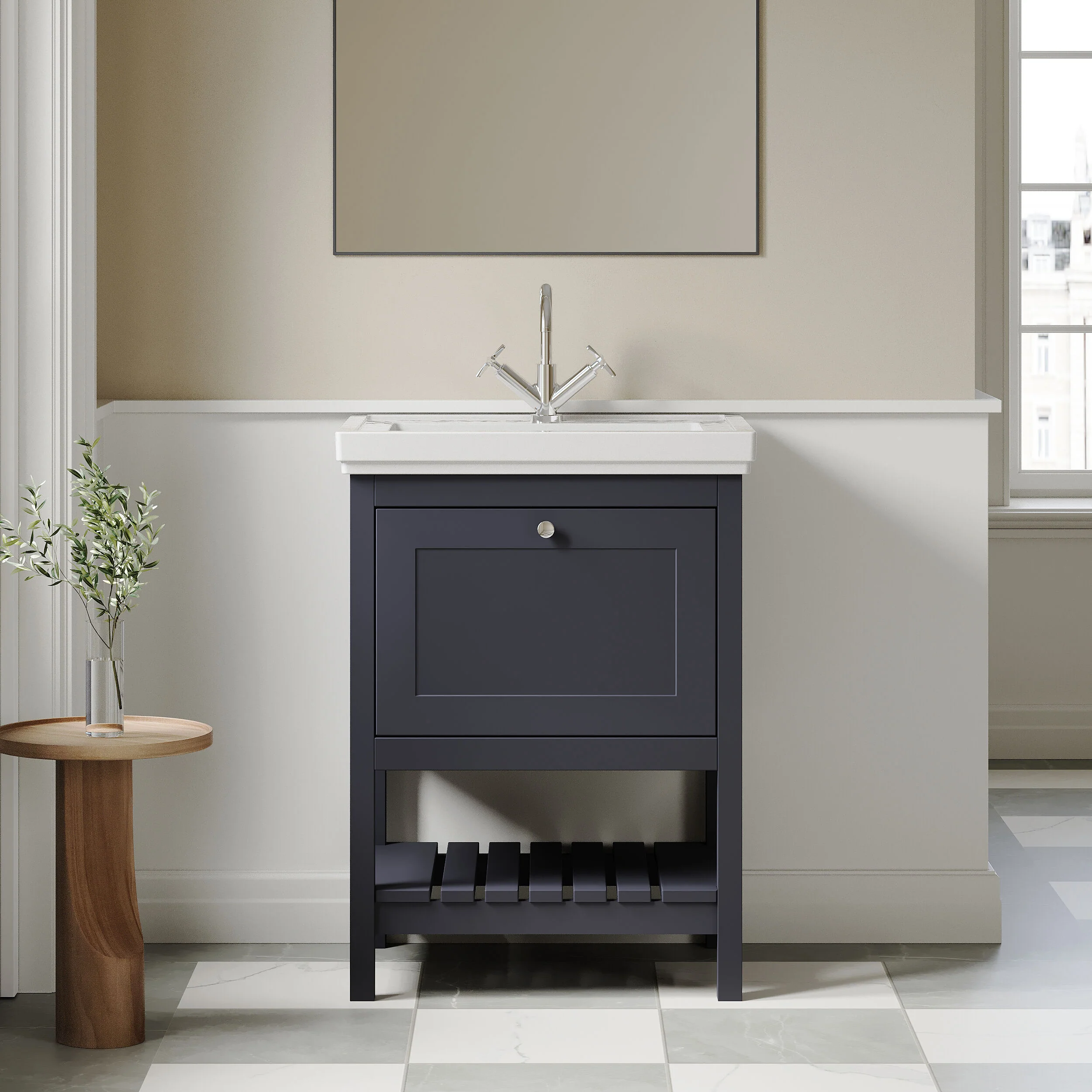 Balterley Rye Bathroom Floor Standing 1 Drawer Vanity & 1 Tap Hole Fireclay Basin, Indigo Blue, 600mm - Image 2