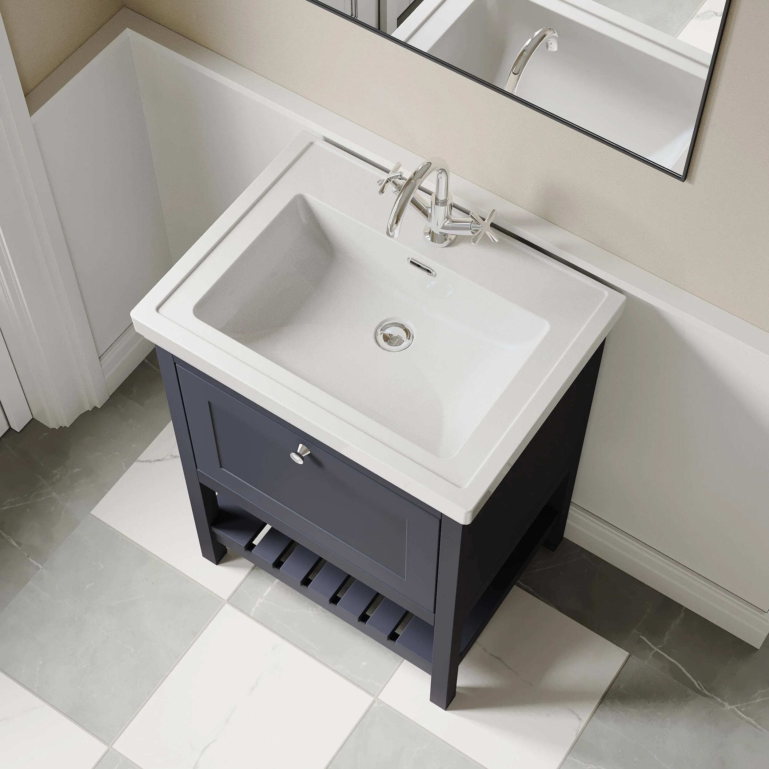 Balterley Rye Bathroom Floor Standing 1 Drawer Vanity & 1 Tap Hole Fireclay Basin, Indigo Blue, 600mm - Image 3