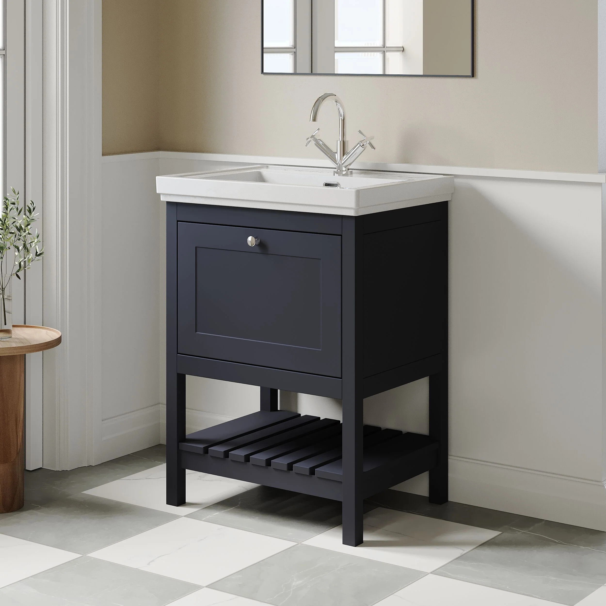 Balterley Rye Bathroom Floor Standing 1 Drawer Vanity & 1 Tap Hole Fireclay Basin, Indigo Blue, 600mm - Image 4