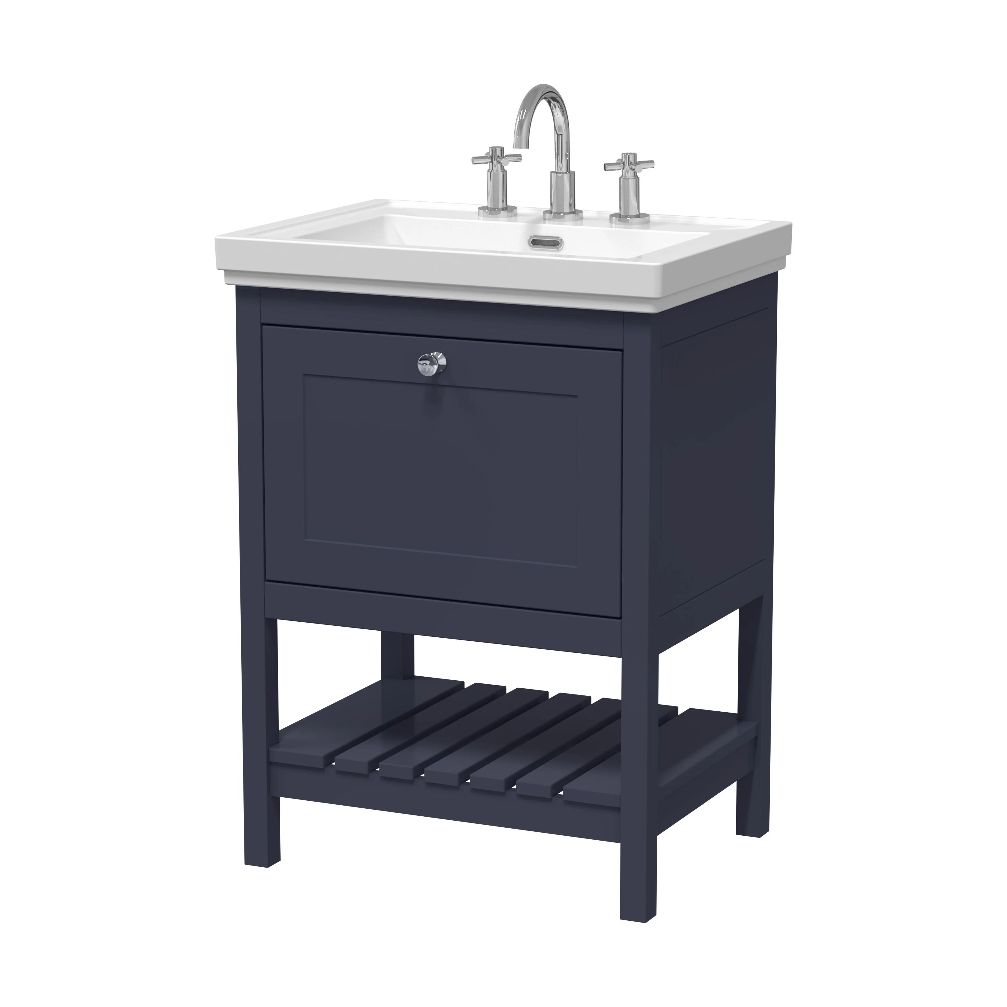 Balterley Rye Bathroom Floor Standing 1 Drawer Vanity & 3 Tap Hole Fireclay Basin, Indigo Blue, 600mm