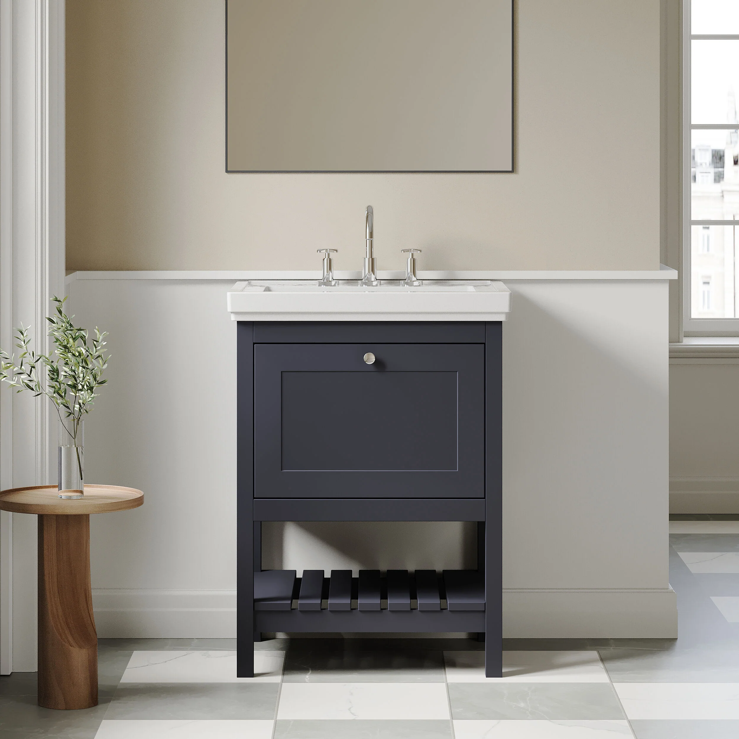 Balterley Rye Bathroom Floor Standing 1 Drawer Vanity & 3 Tap Hole Fireclay Basin, Indigo Blue, 600mm - Image 2
