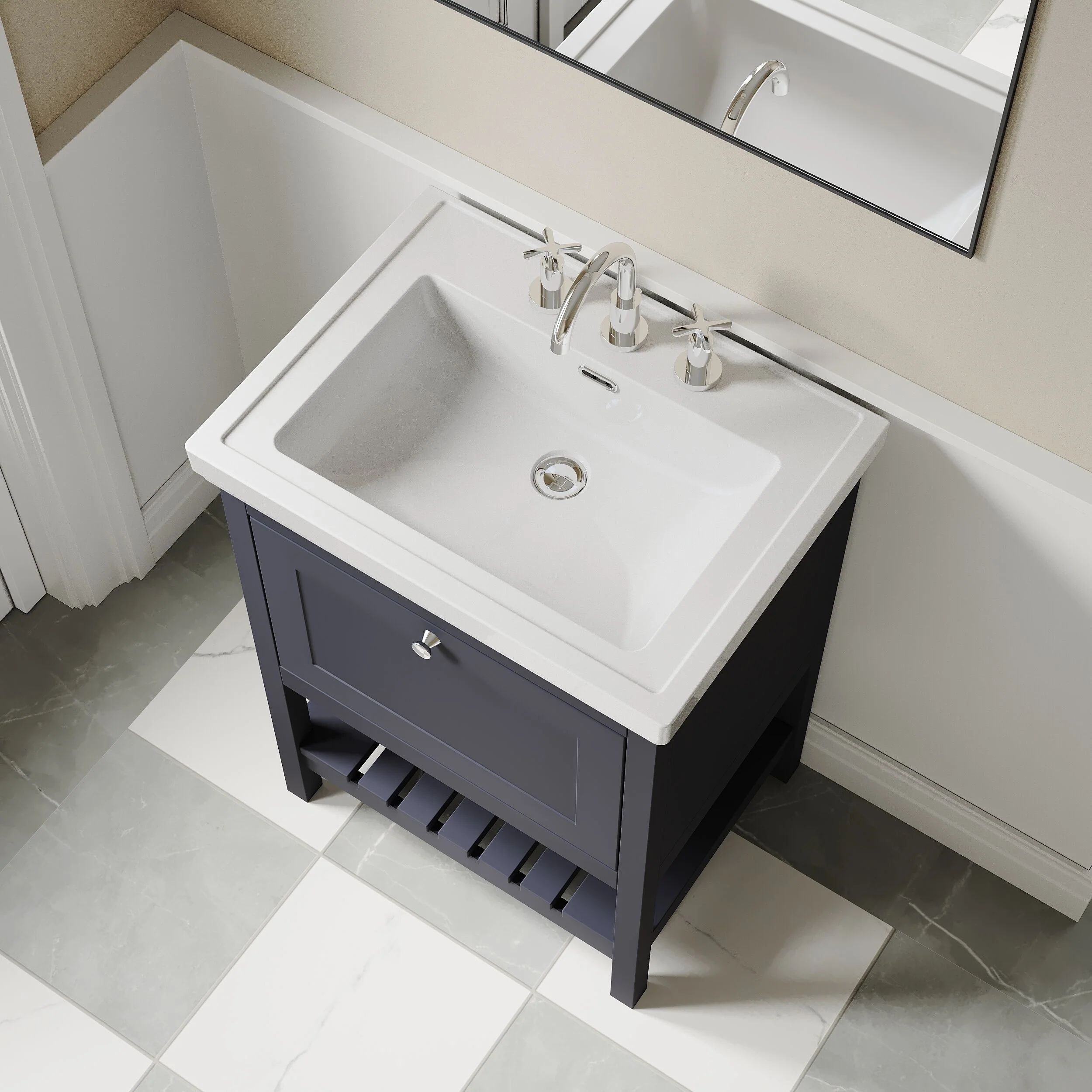 Balterley Rye Bathroom Floor Standing 1 Drawer Vanity & 3 Tap Hole Fireclay Basin, Indigo Blue, 600mm - Image 3