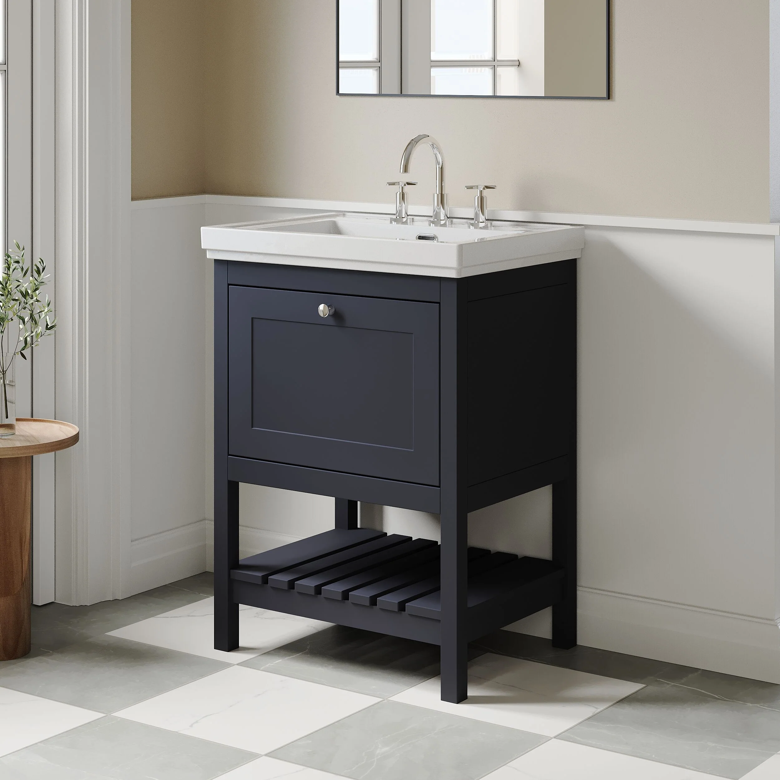 Balterley Rye Bathroom Floor Standing 1 Drawer Vanity & 3 Tap Hole Fireclay Basin, Indigo Blue, 600mm - Image 4
