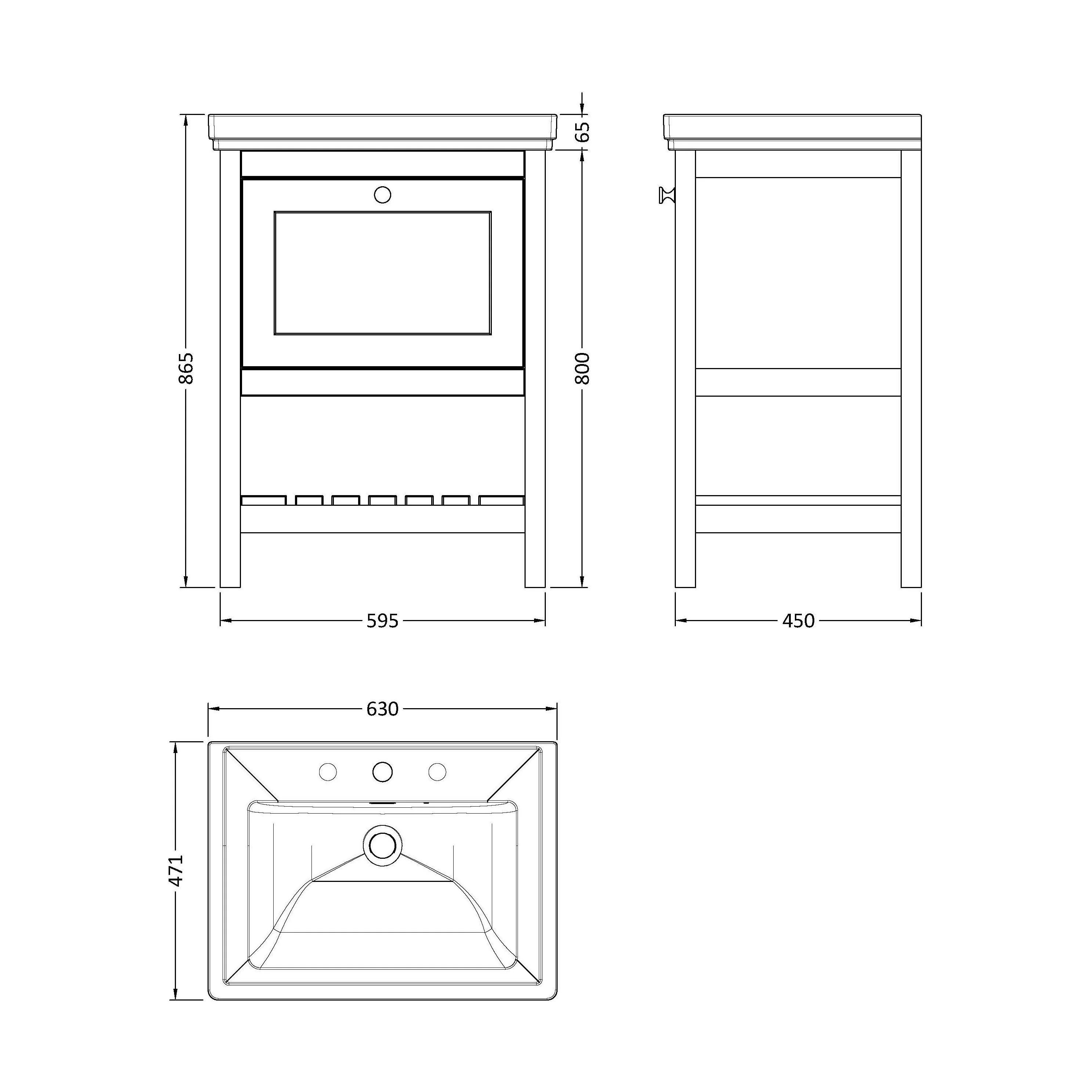 Balterley Rye Bathroom Floor Standing 1 Drawer Vanity & 3 Tap Hole Fireclay Basin, Indigo Blue, 600mm - Image 5