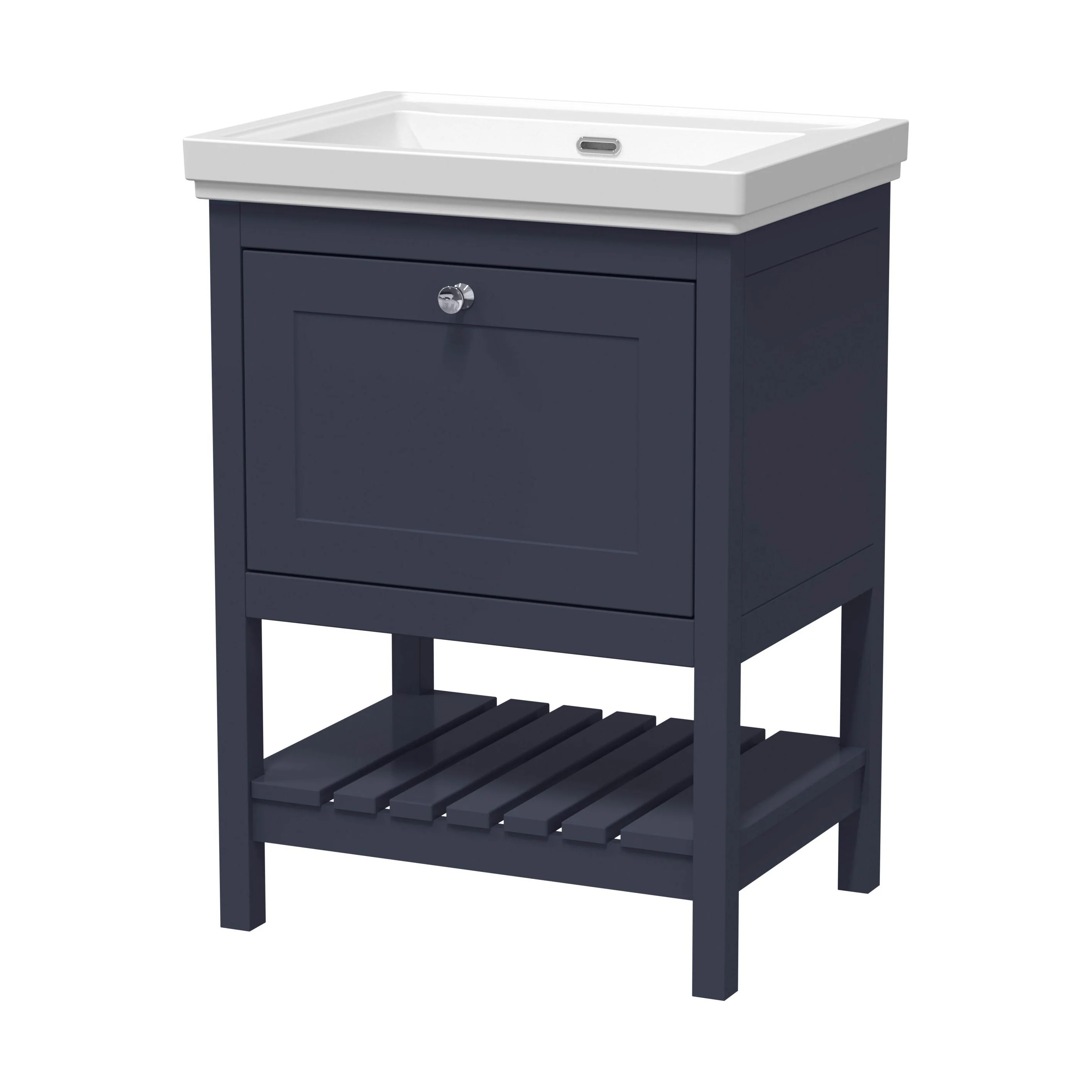 Balterley Rye Bathroom Floor Standing 1 Drawer Vanity & 0 Tap Hole Fireclay Basin, Indigo Blue, 600mm
