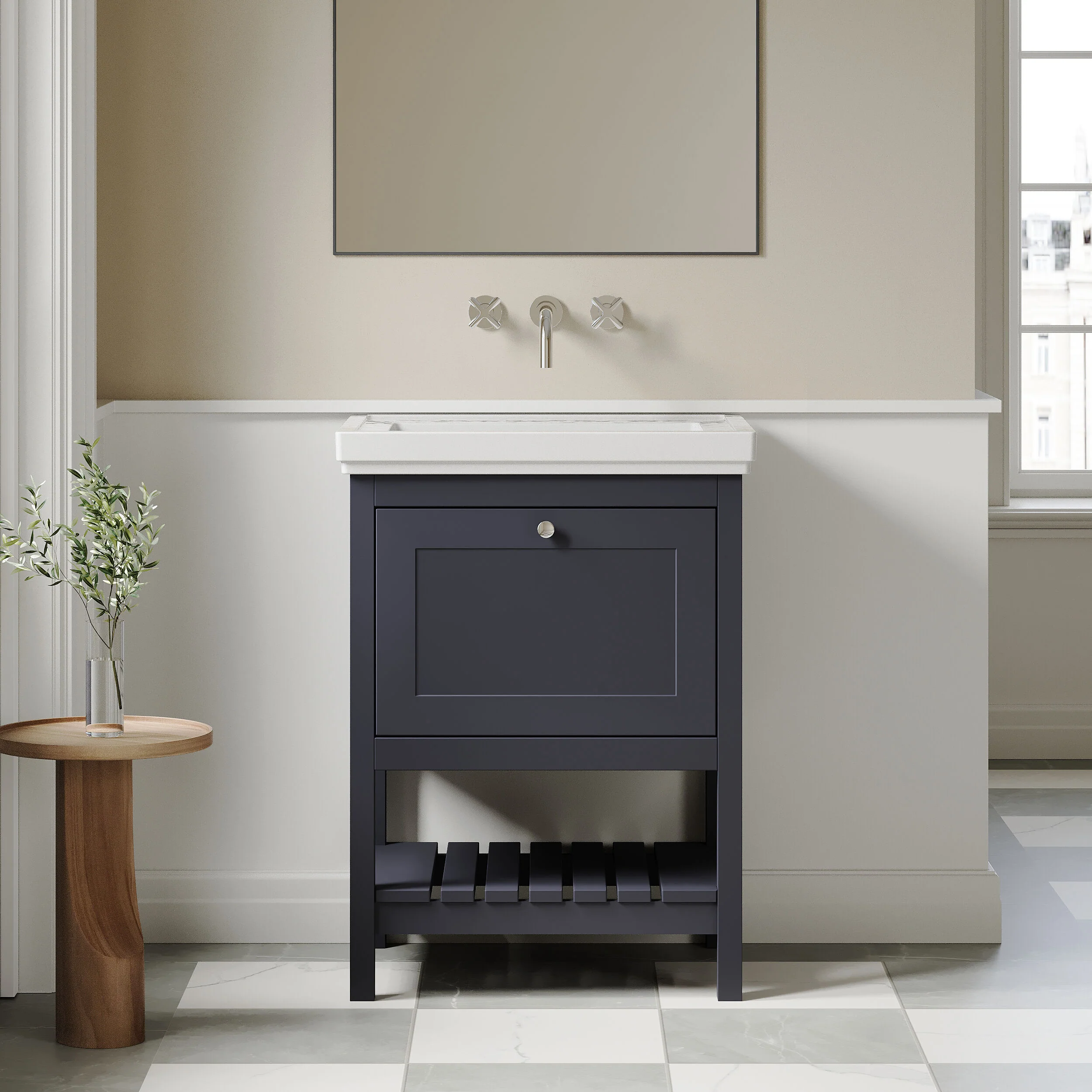 Balterley Rye Bathroom Floor Standing 1 Drawer Vanity & 0 Tap Hole Fireclay Basin, Indigo Blue, 600mm - Image 2
