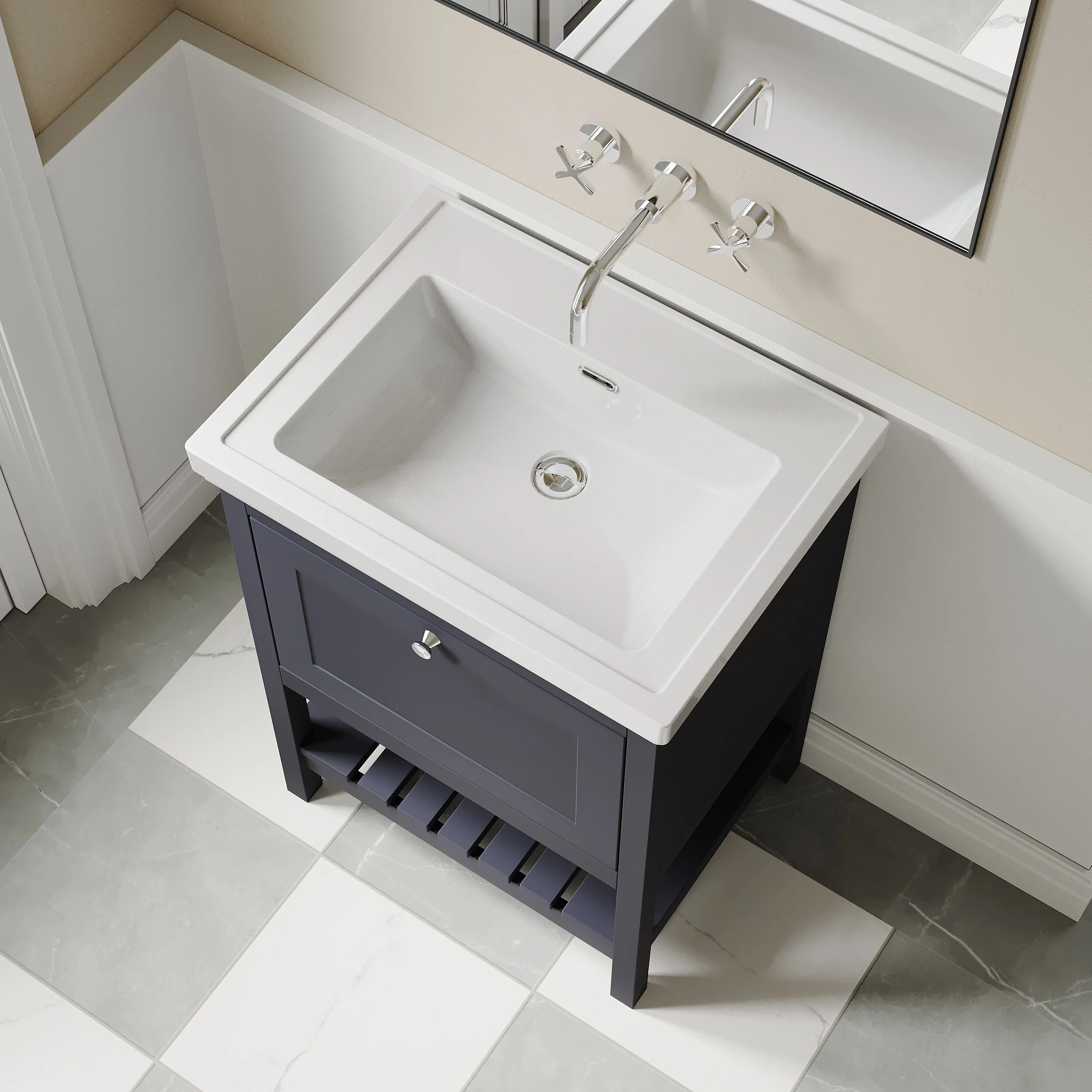 Balterley Rye Bathroom Floor Standing 1 Drawer Vanity & 0 Tap Hole Fireclay Basin, Indigo Blue, 600mm - Image 3