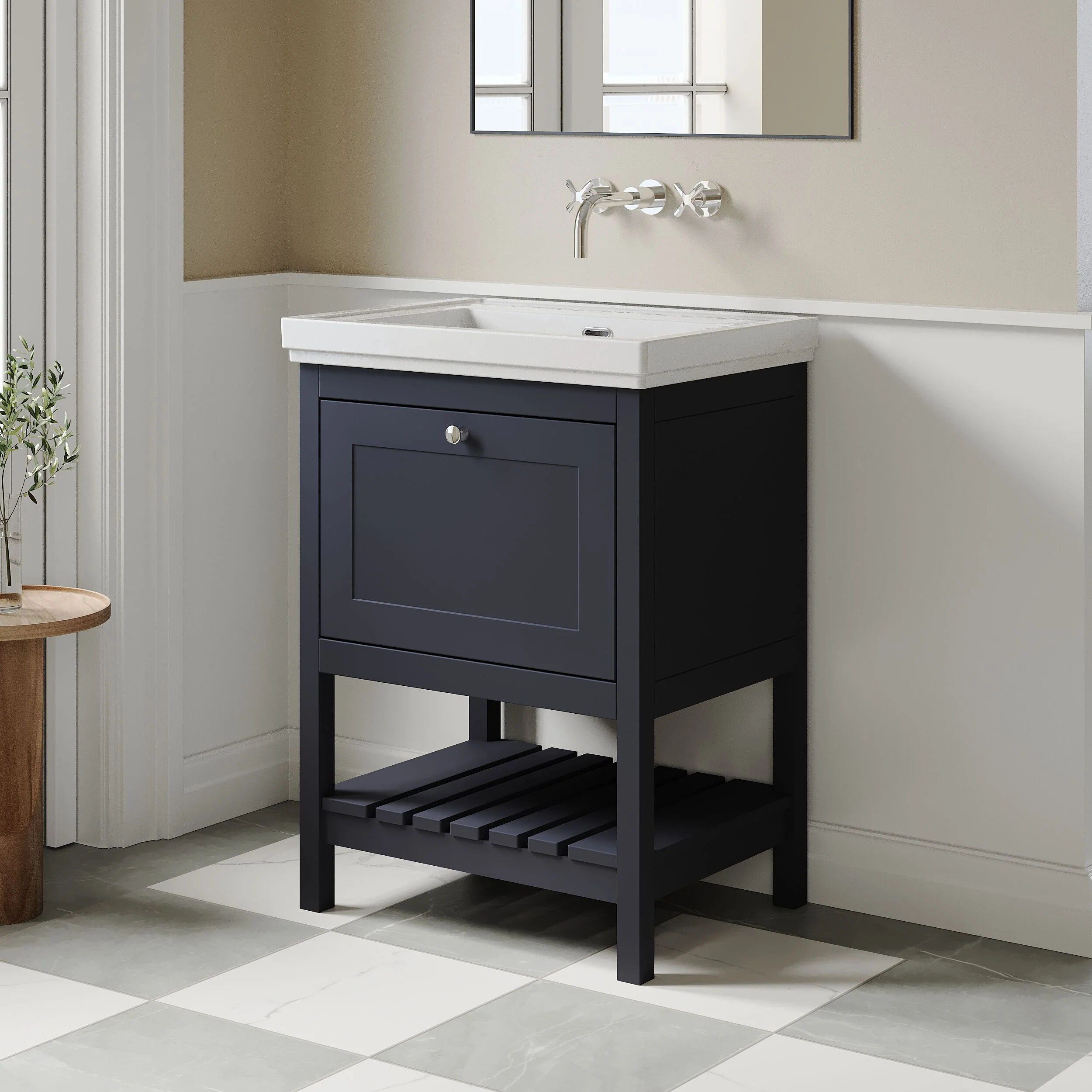 Balterley Rye Bathroom Floor Standing 1 Drawer Vanity & 0 Tap Hole Fireclay Basin, Indigo Blue, 600mm - Image 4