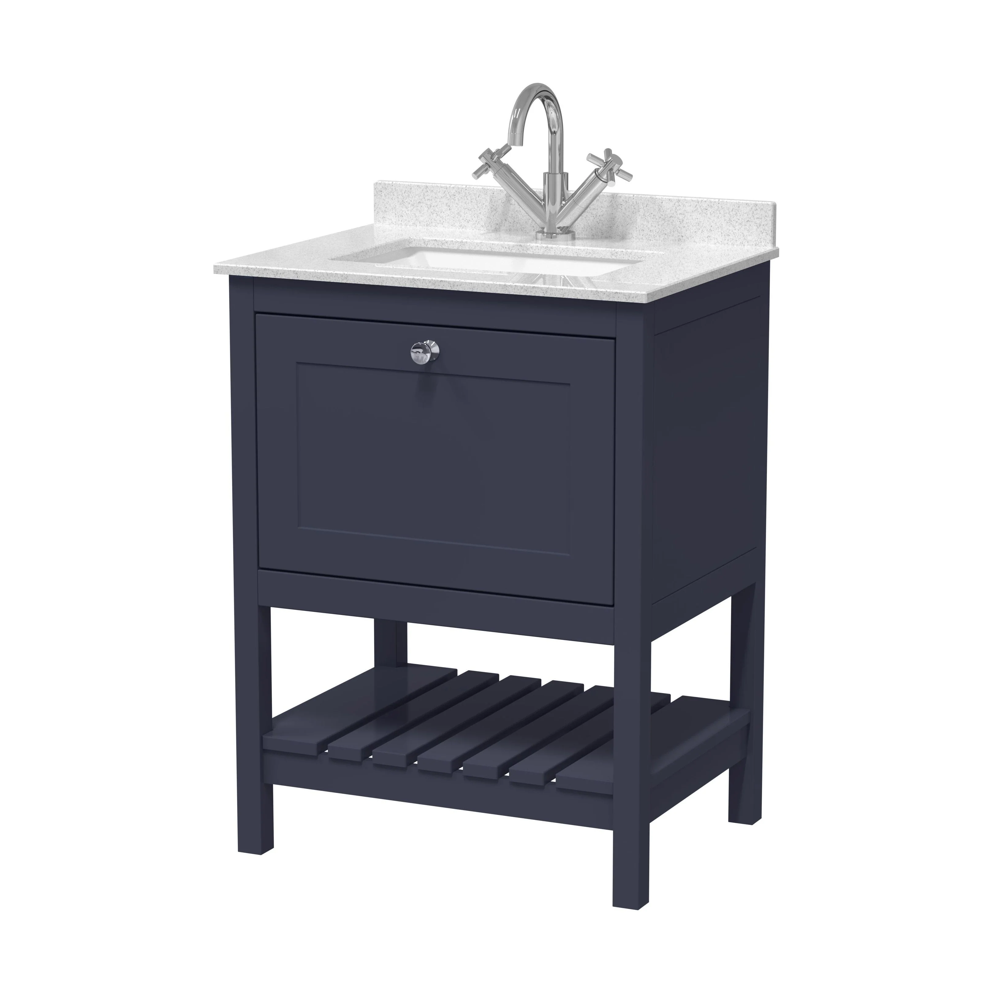 Balterley Rye Bathroom Floor Standing 1 Drawer Vanity & Single Bowl 1 Tap Hole Marble Top, Indigo Blue/White, 600mm