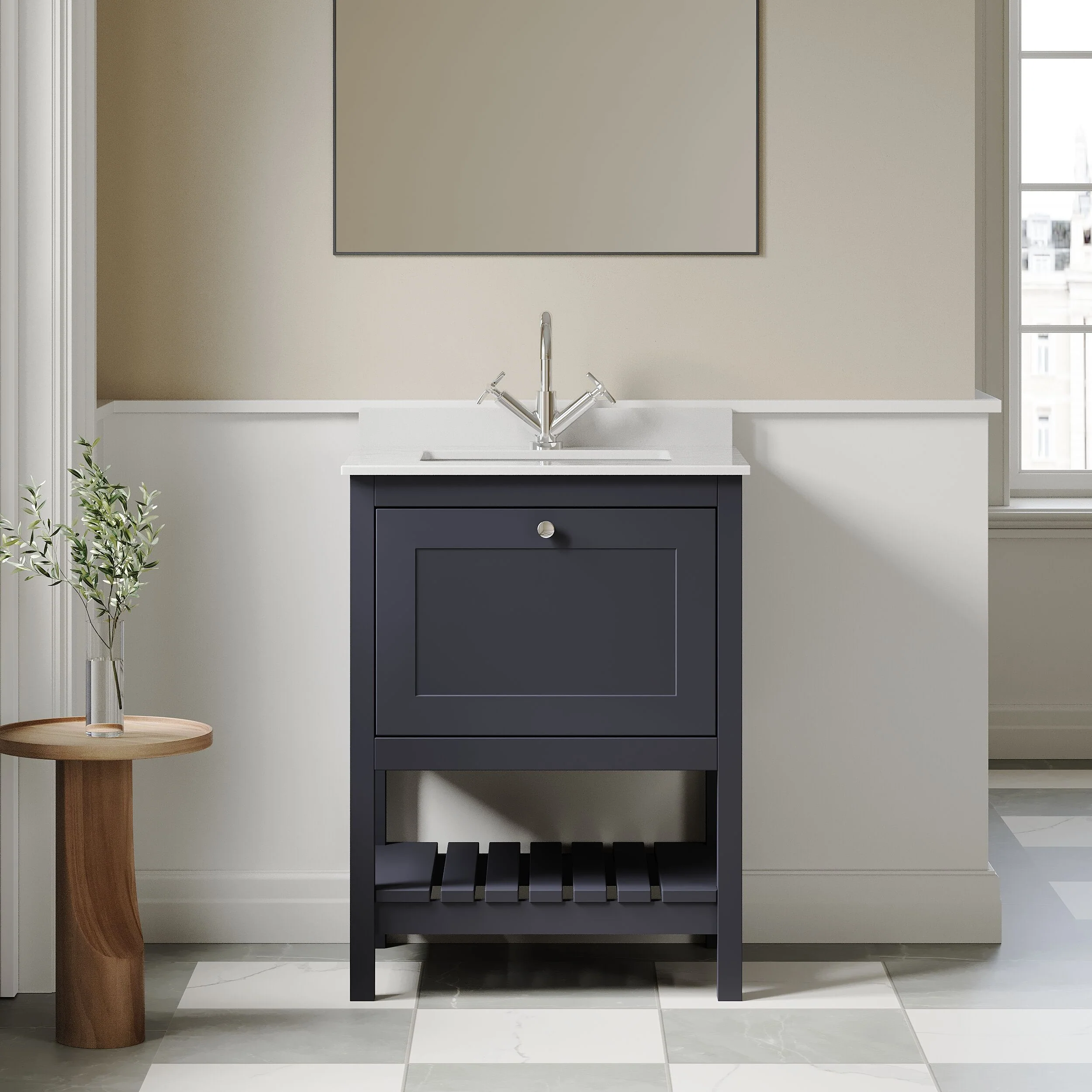 Balterley Rye Bathroom Floor Standing 1 Drawer Vanity & Single Bowl 1 Tap Hole Marble Top, Indigo Blue/White, 600mm - Image 2