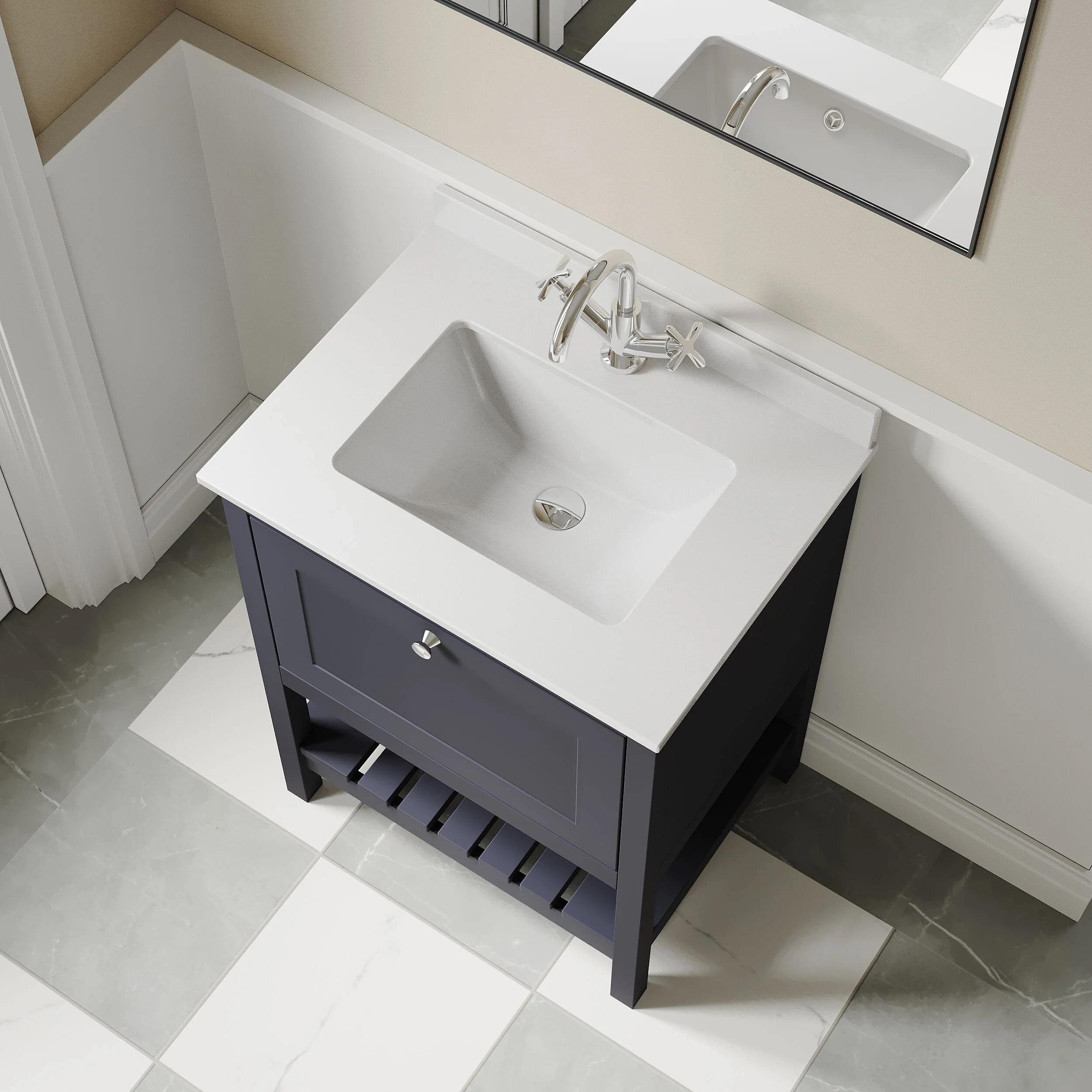Balterley Rye Bathroom Floor Standing 1 Drawer Vanity & Single Bowl 1 Tap Hole Marble Top, Indigo Blue/White, 600mm - Image 3