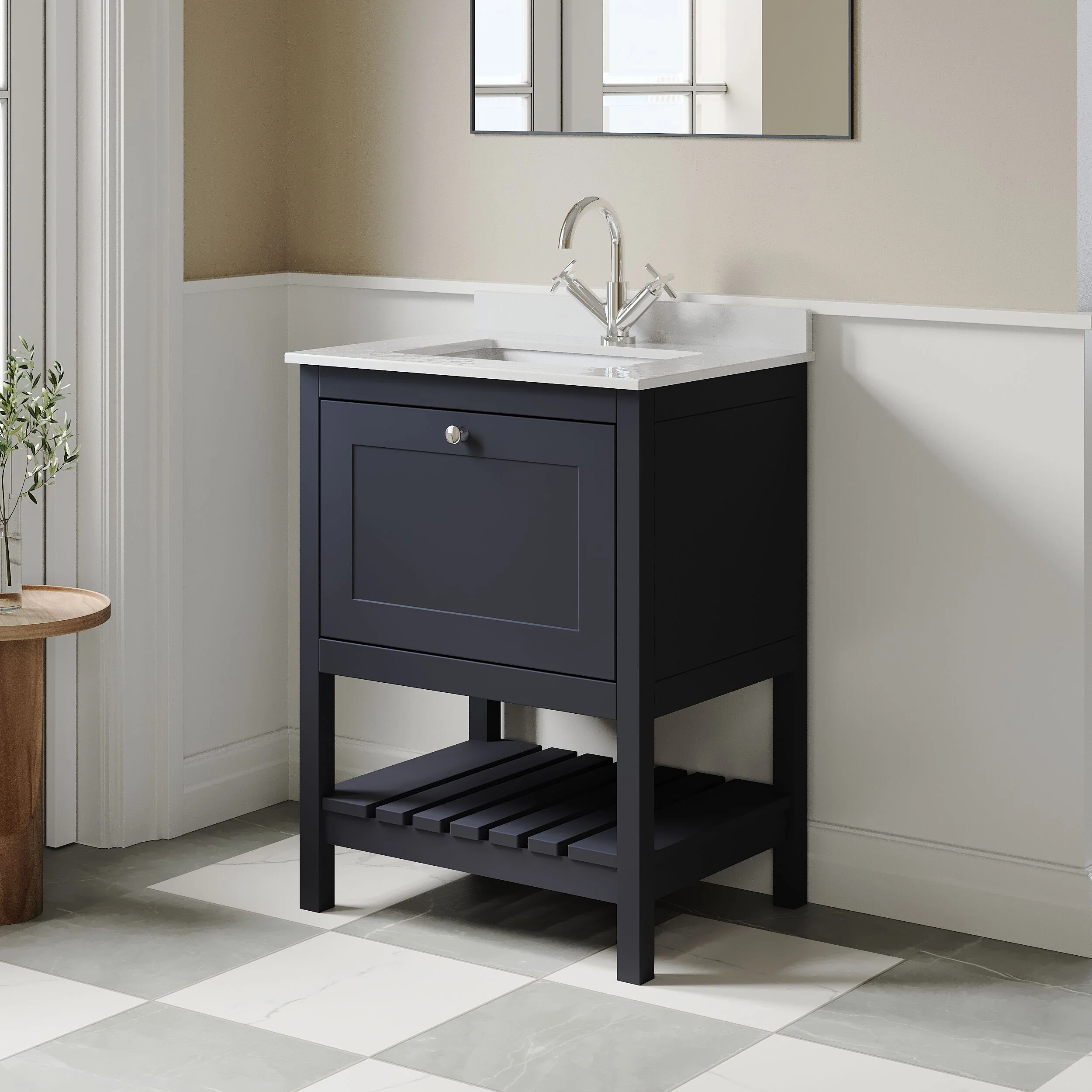 Balterley Rye Bathroom Floor Standing 1 Drawer Vanity & Single Bowl 1 Tap Hole Marble Top, Indigo Blue/White, 600mm - Image 4
