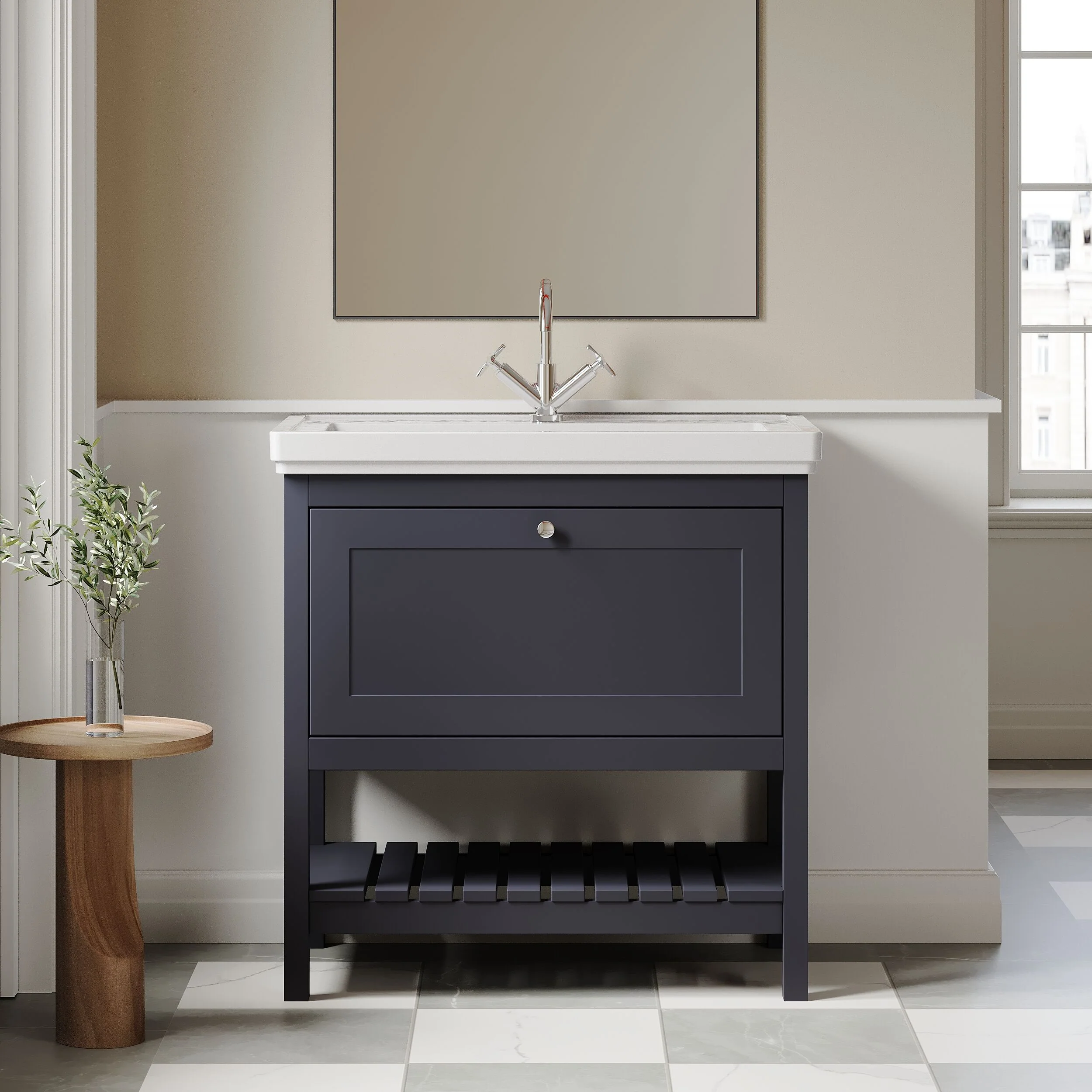 Balterley Rye Bathroom Floor Standing 1 Drawer Vanity & 1 Tap Hole Fireclay Basin, Indigo Blue, 800mm - Image 2