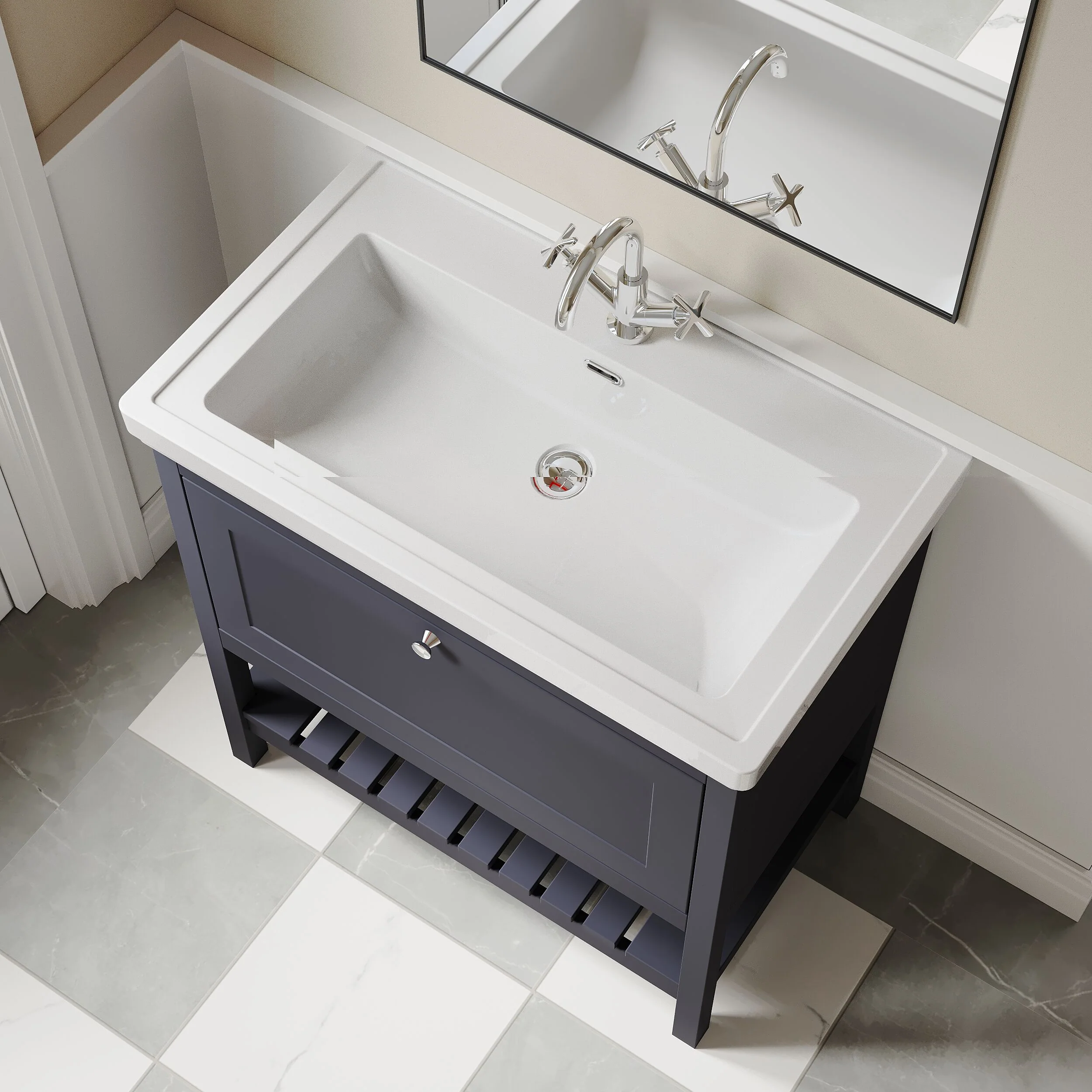 Balterley Rye Bathroom Floor Standing 1 Drawer Vanity & 1 Tap Hole Fireclay Basin, Indigo Blue, 800mm - Image 3