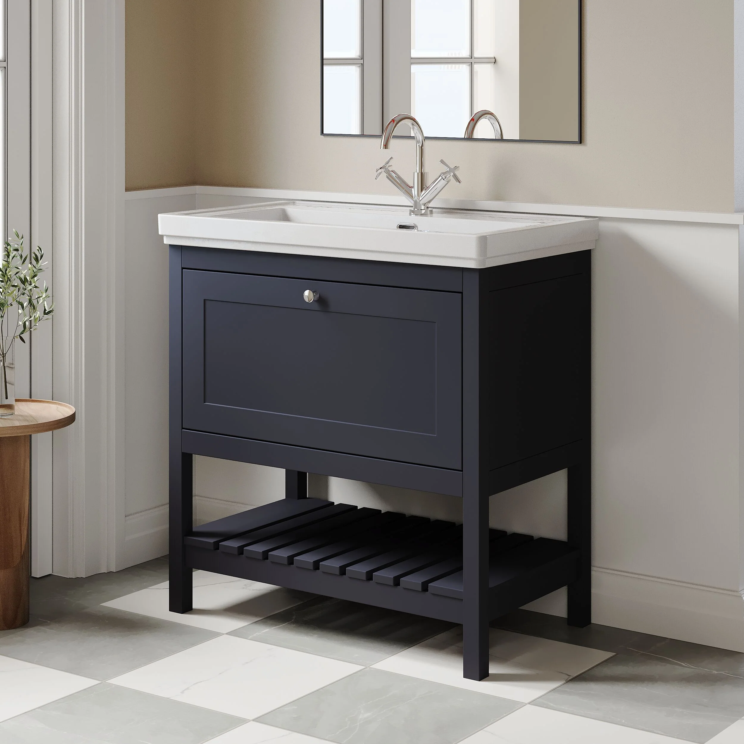 Balterley Rye Bathroom Floor Standing 1 Drawer Vanity & 1 Tap Hole Fireclay Basin, Indigo Blue, 800mm - Image 4