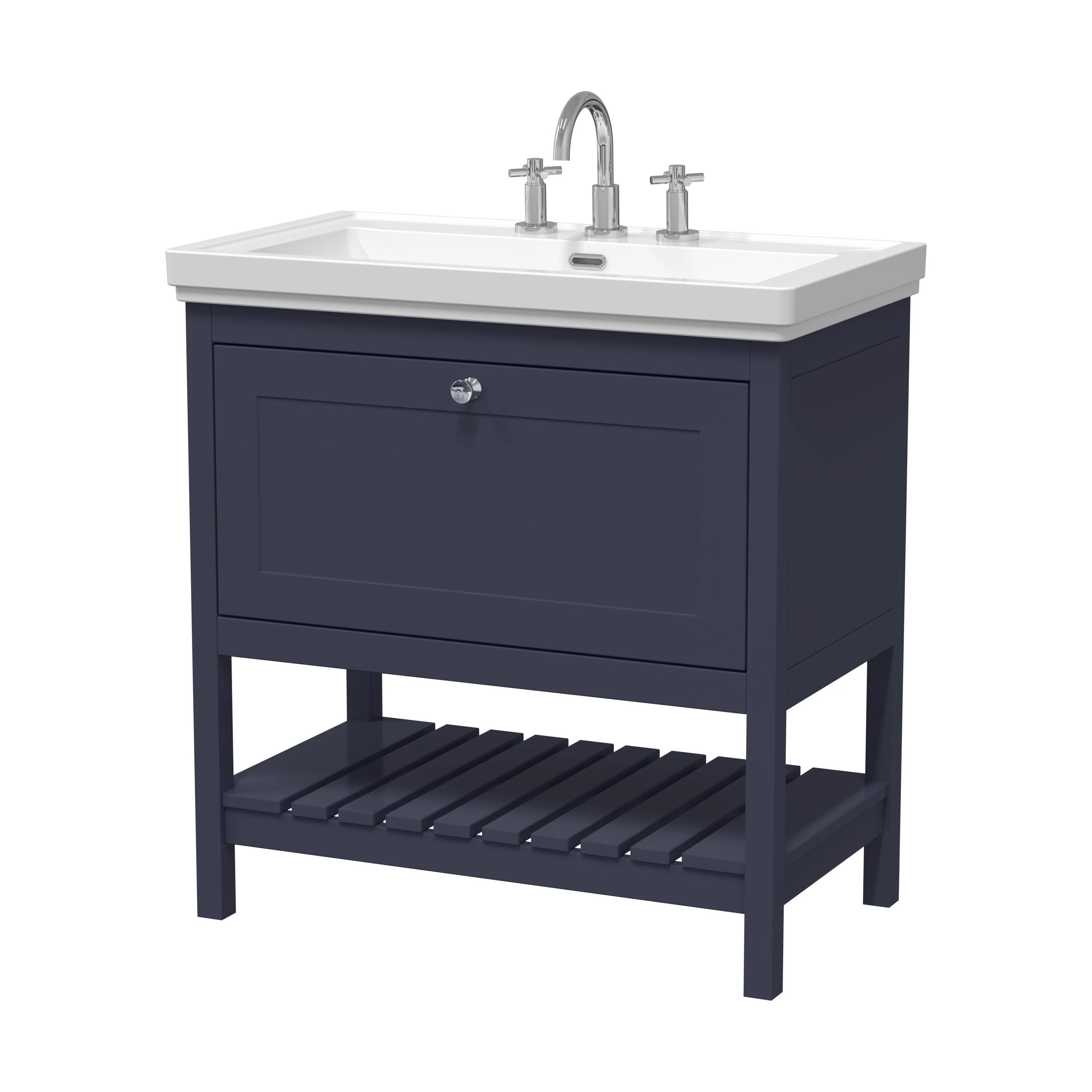 Balterley Rye Bathroom Floor Standing 1 Drawer Vanity & 3 Tap Hole Fireclay Basin, Indigo Blue, 800mm
