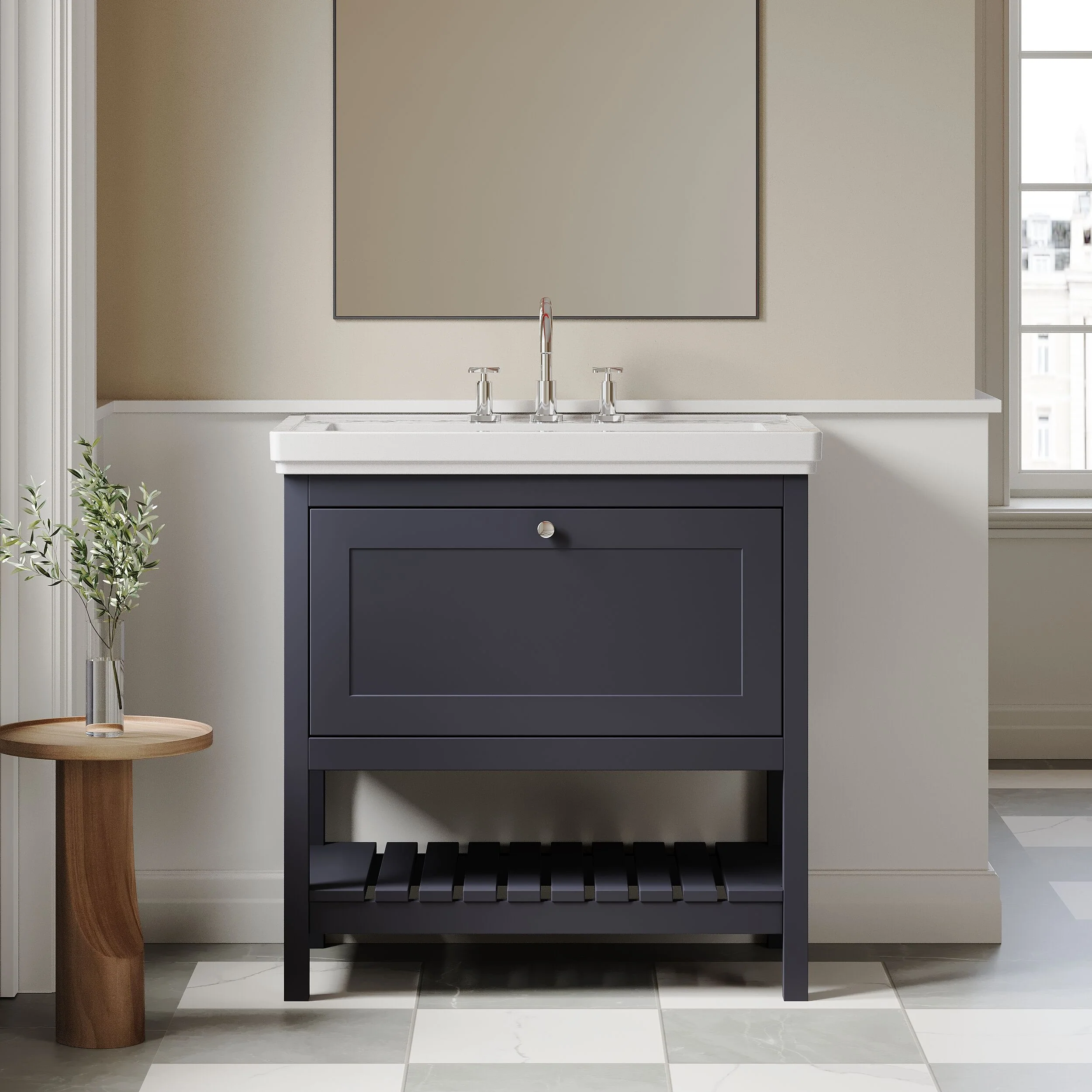 Balterley Rye Bathroom Floor Standing 1 Drawer Vanity & 3 Tap Hole Fireclay Basin, Indigo Blue, 800mm - Image 2
