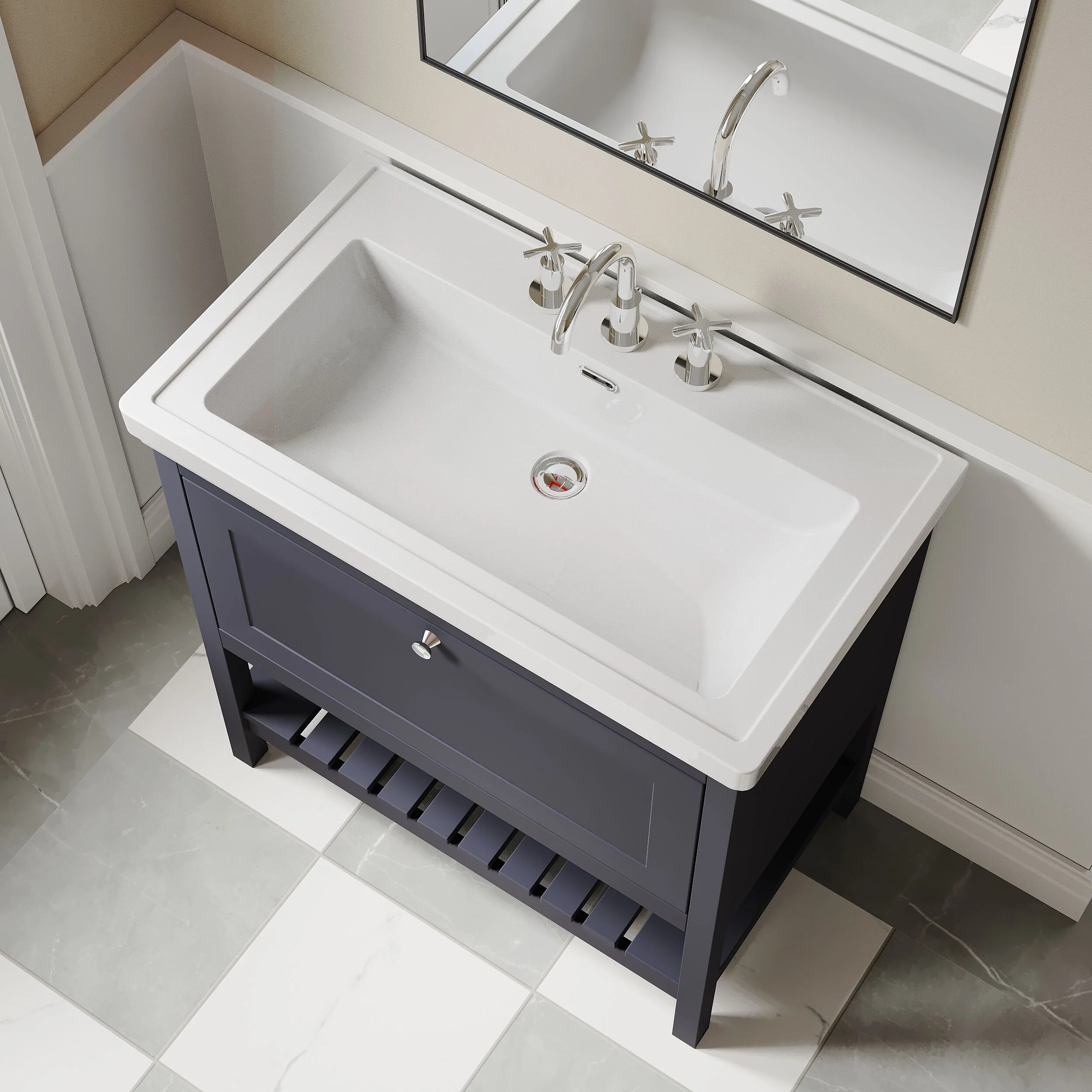 Balterley Rye Bathroom Floor Standing 1 Drawer Vanity & 3 Tap Hole Fireclay Basin, Indigo Blue, 800mm - Image 3