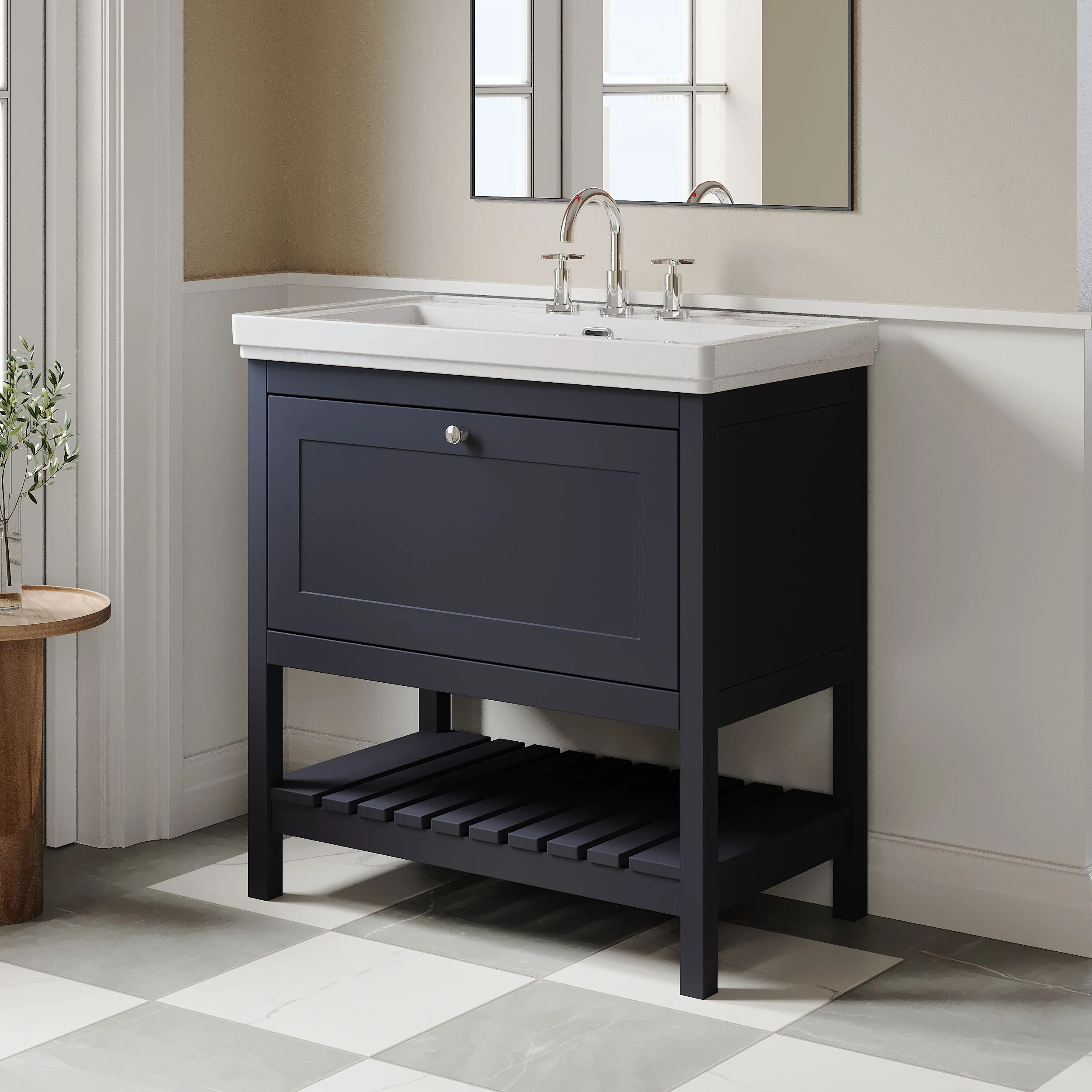 Balterley Rye Bathroom Floor Standing 1 Drawer Vanity & 3 Tap Hole Fireclay Basin, Indigo Blue, 800mm - Image 4