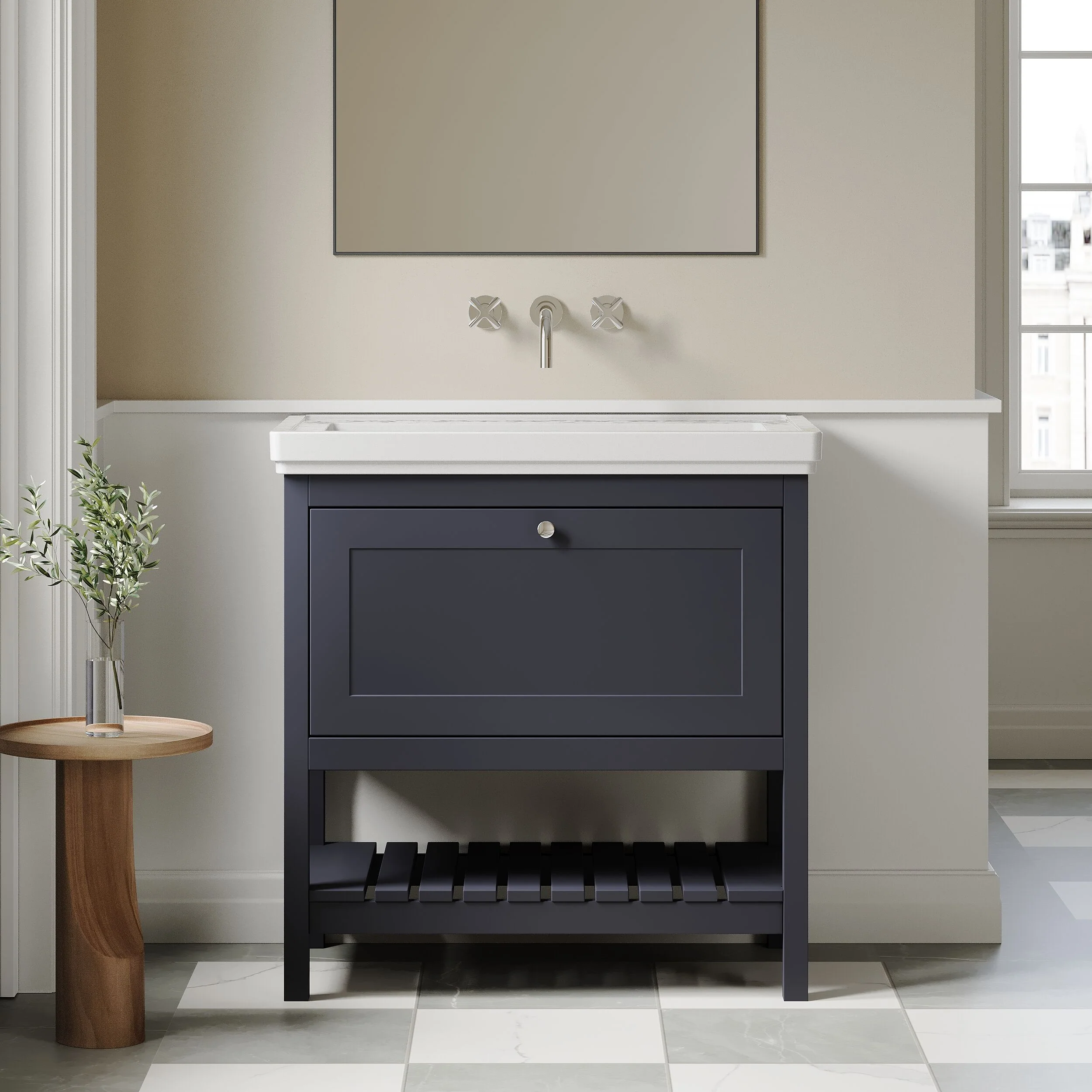 Balterley Rye Bathroom Floor Standing 1 Drawer Vanity & 0 Tap Hole Fireclay Basin, Indigo Blue, 800mm - Image 2