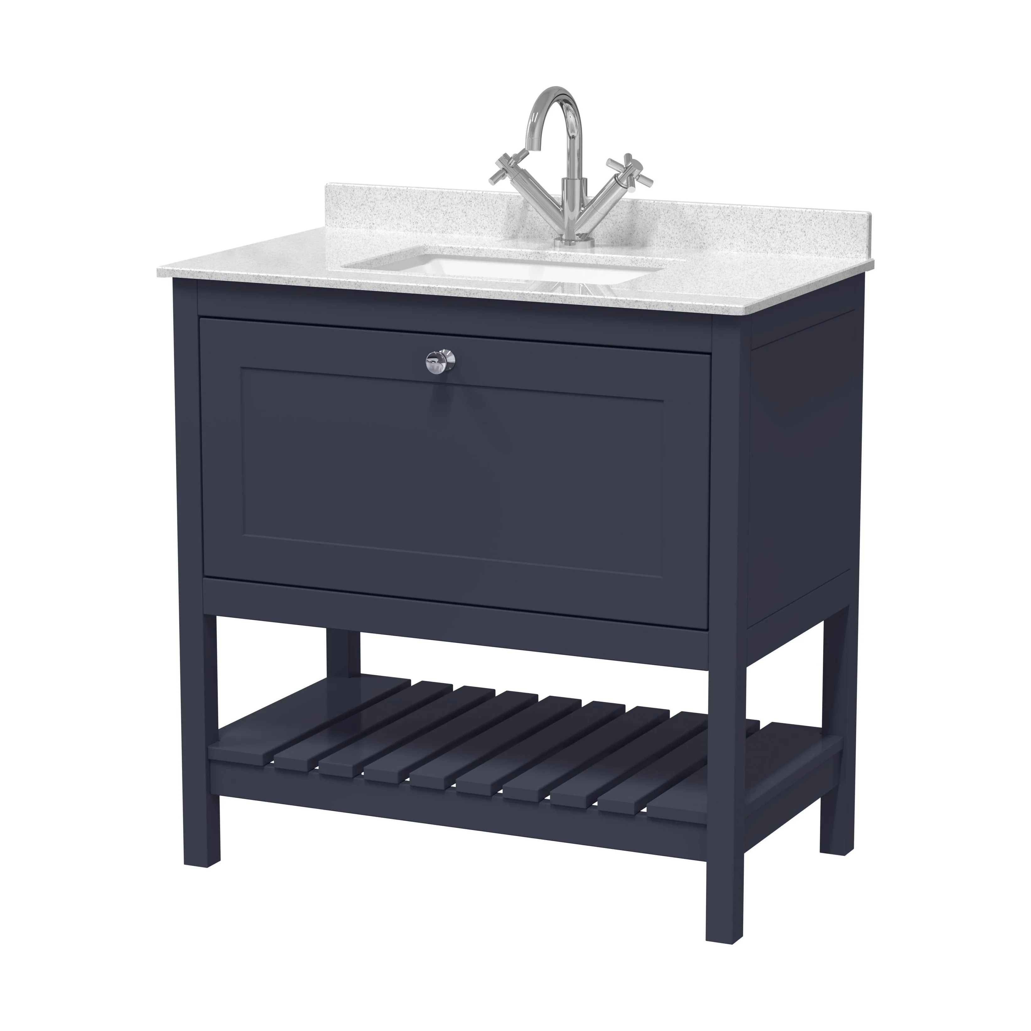 Balterley Rye Bathroom Floor Standing 1 Drawer Vanity & Single Bowl 1 Tap Hole Marble Top, Indigo Blue/White, 800mm