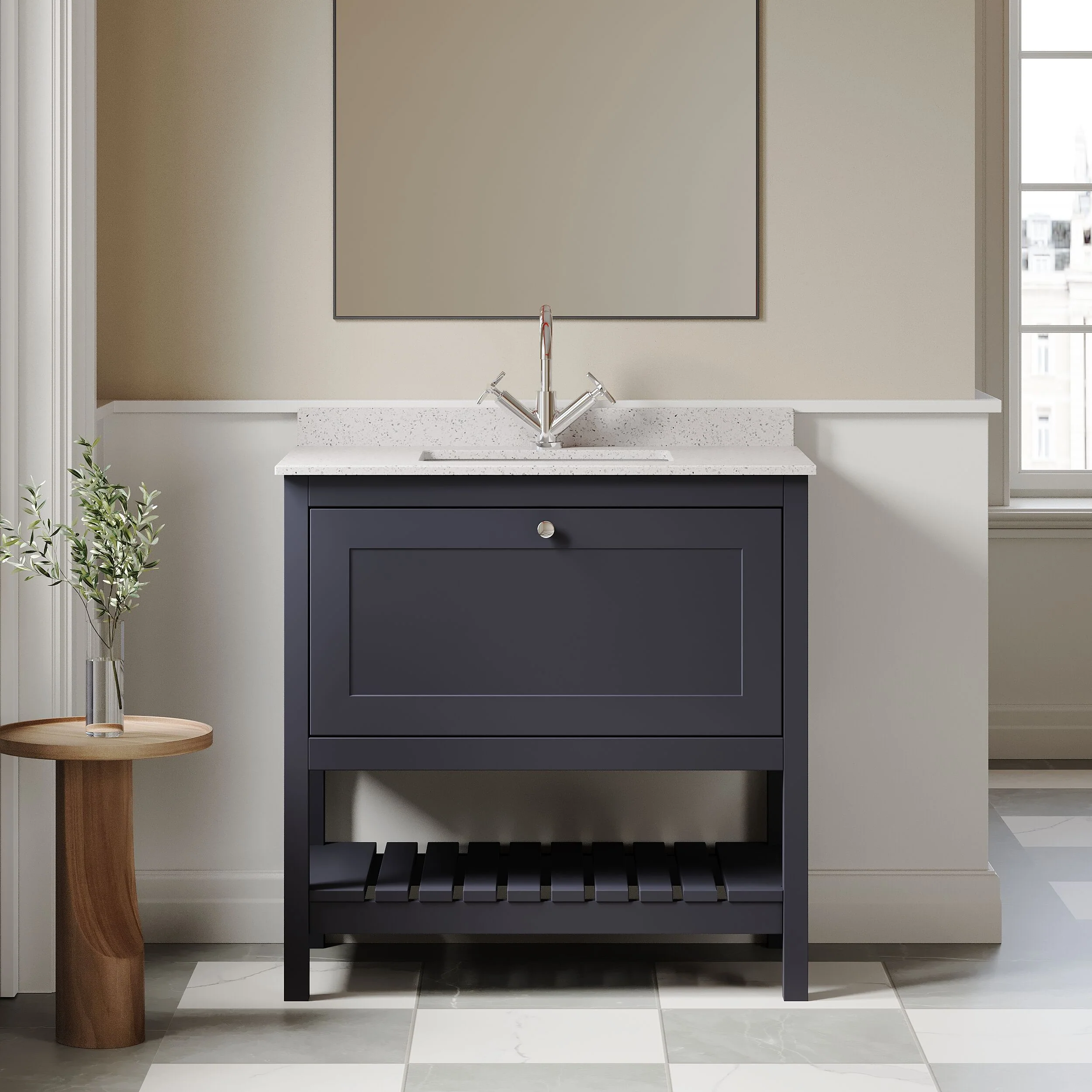 Balterley Rye Bathroom Floor Standing 1 Drawer Vanity & Single Bowl 1 Tap Hole Marble Top, Indigo Blue/White, 800mm - Image 2