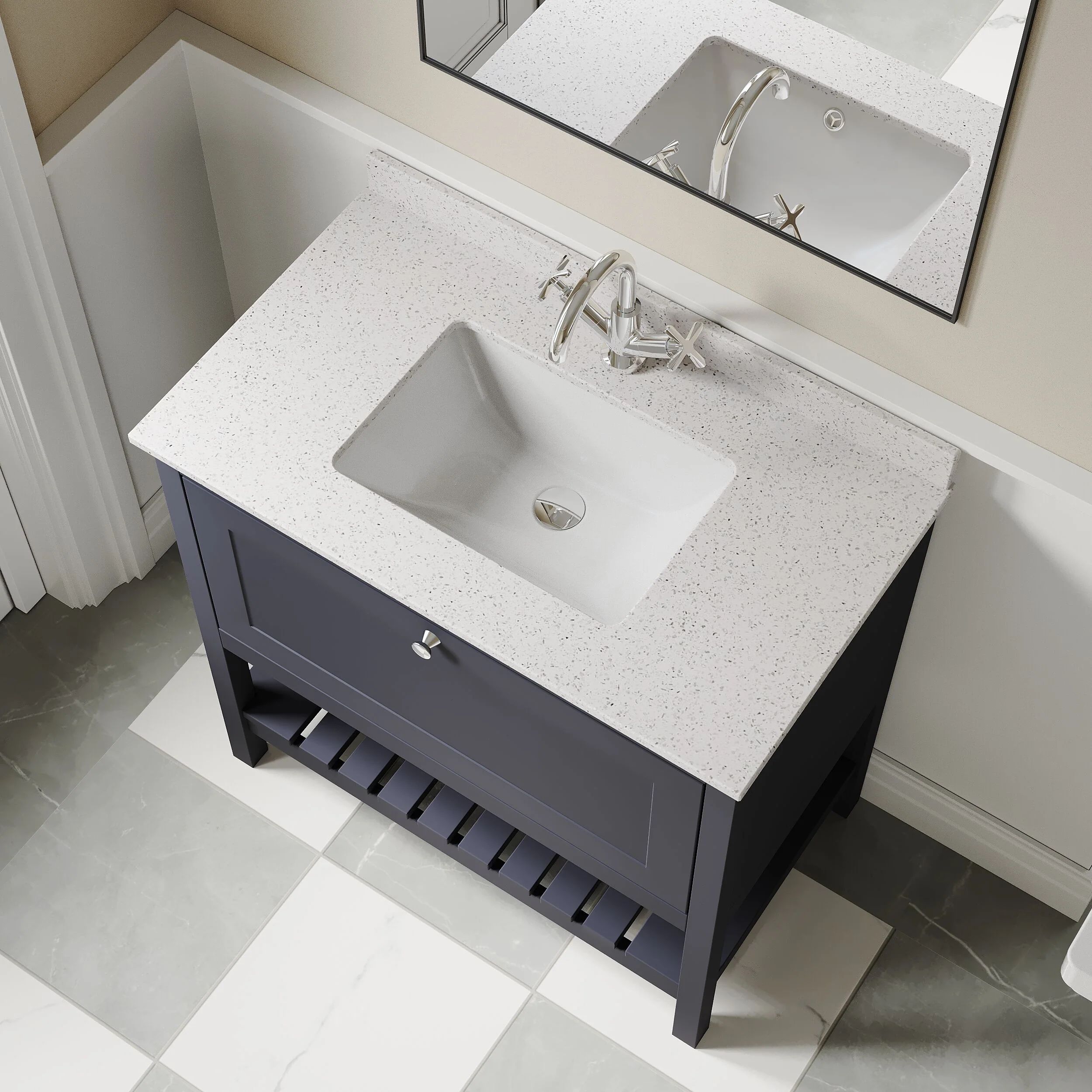Balterley Rye Bathroom Floor Standing 1 Drawer Vanity & Single Bowl 1 Tap Hole Marble Top, Indigo Blue/White, 800mm - Image 3
