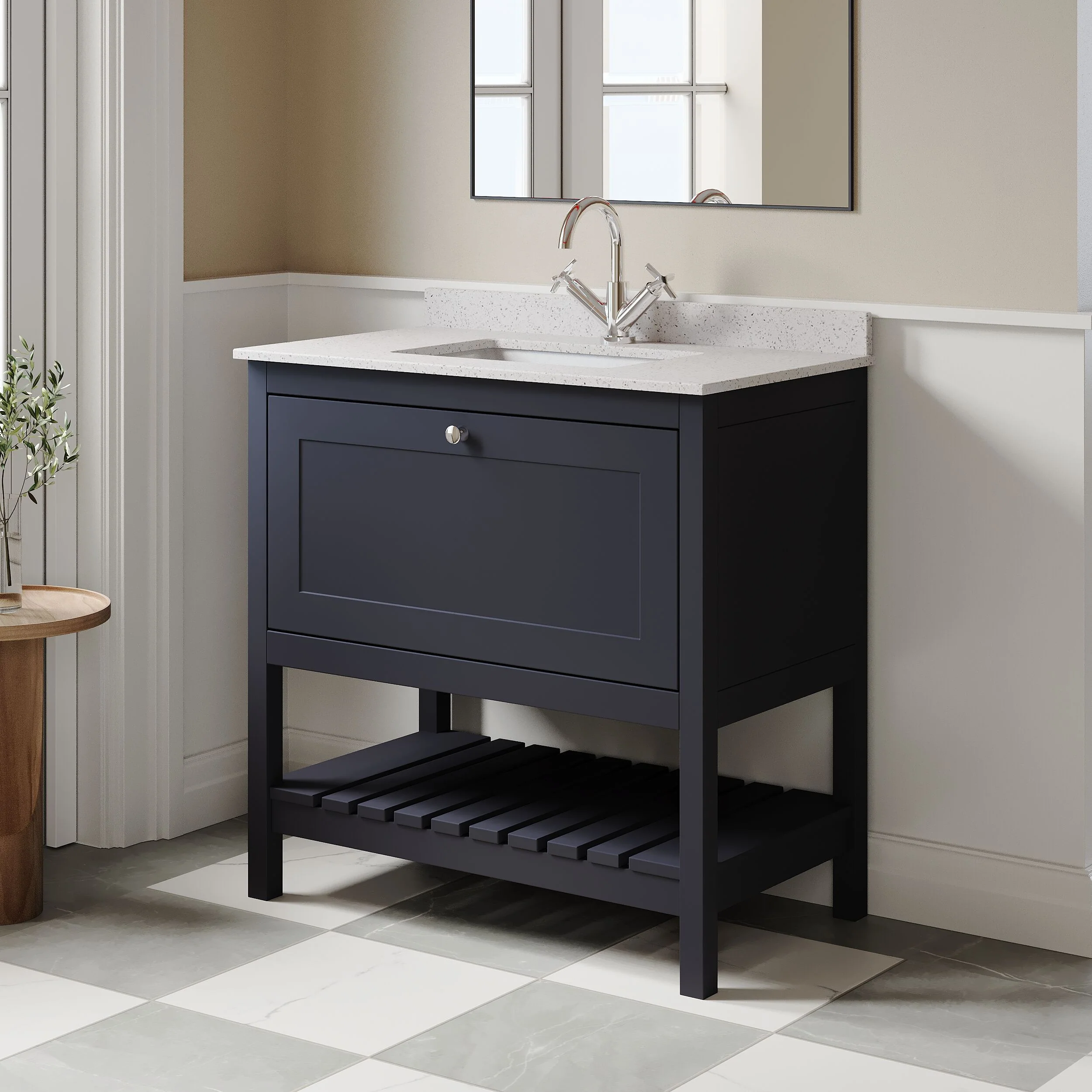 Balterley Rye Bathroom Floor Standing 1 Drawer Vanity & Single Bowl 1 Tap Hole Marble Top, Indigo Blue/White, 800mm - Image 4