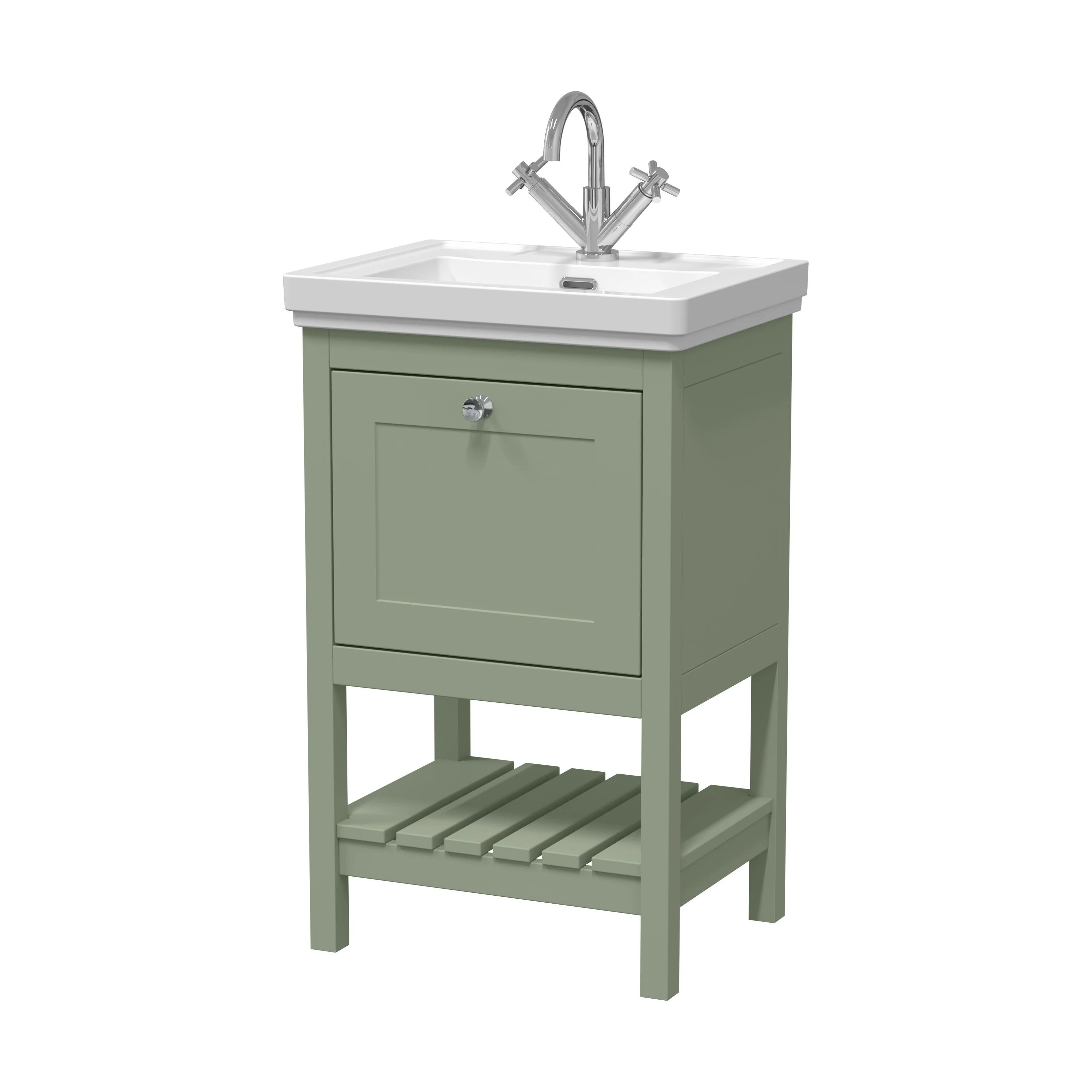 Balterley Rye Bathroom Floor Standing 1 Drawer Vanity & 1 Tap Hole Fireclay Basin, Fern Green, 500mm