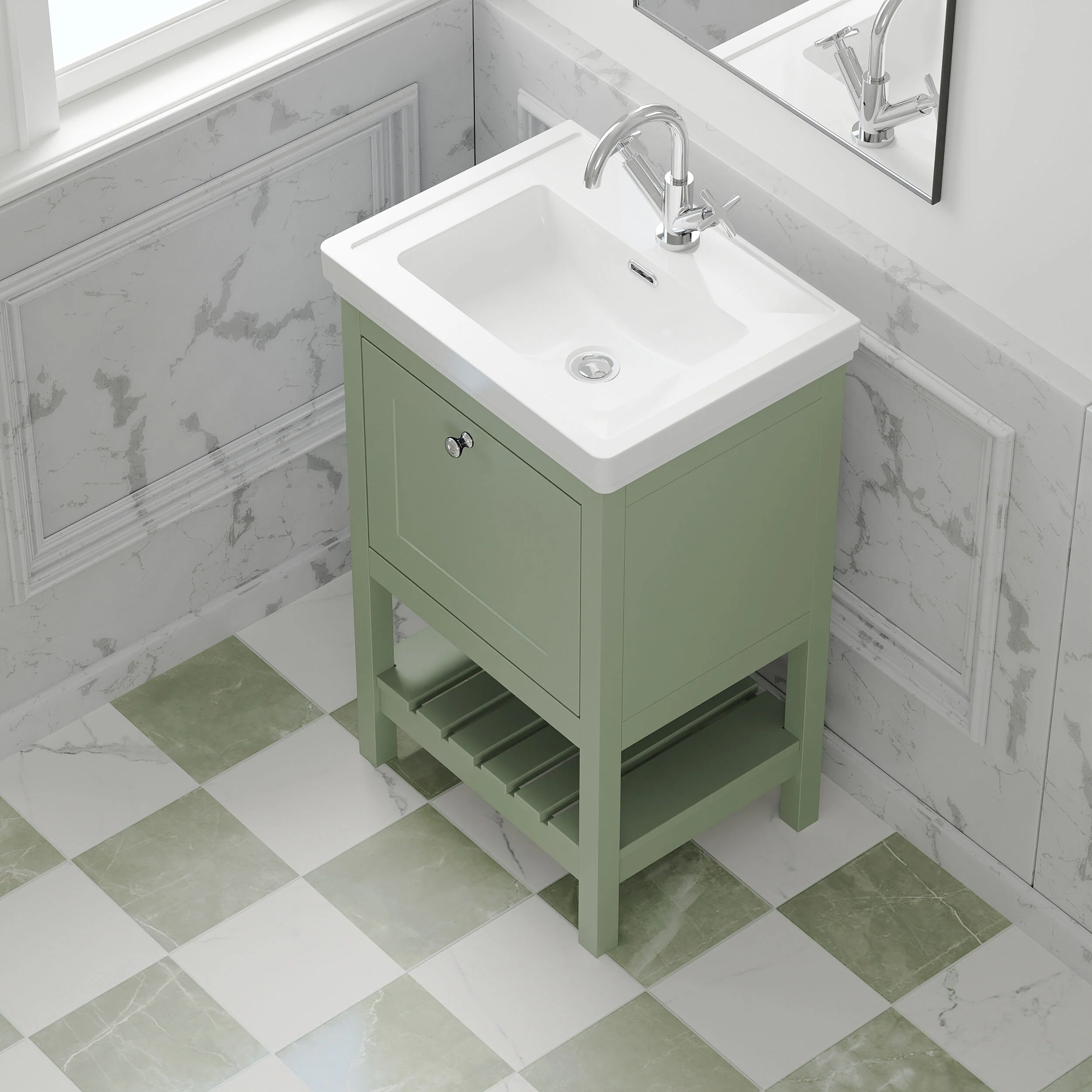 Balterley Rye Bathroom Floor Standing 1 Drawer Vanity & 1 Tap Hole Fireclay Basin, Fern Green, 500mm - Image 3