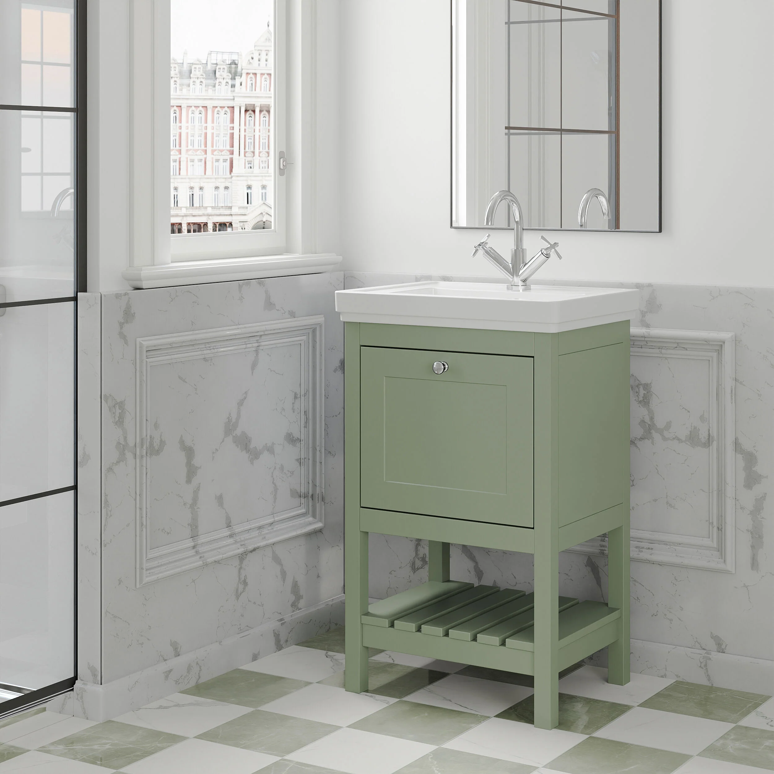 Balterley Rye Bathroom Floor Standing 1 Drawer Vanity & 1 Tap Hole Fireclay Basin, Fern Green, 500mm - Image 4