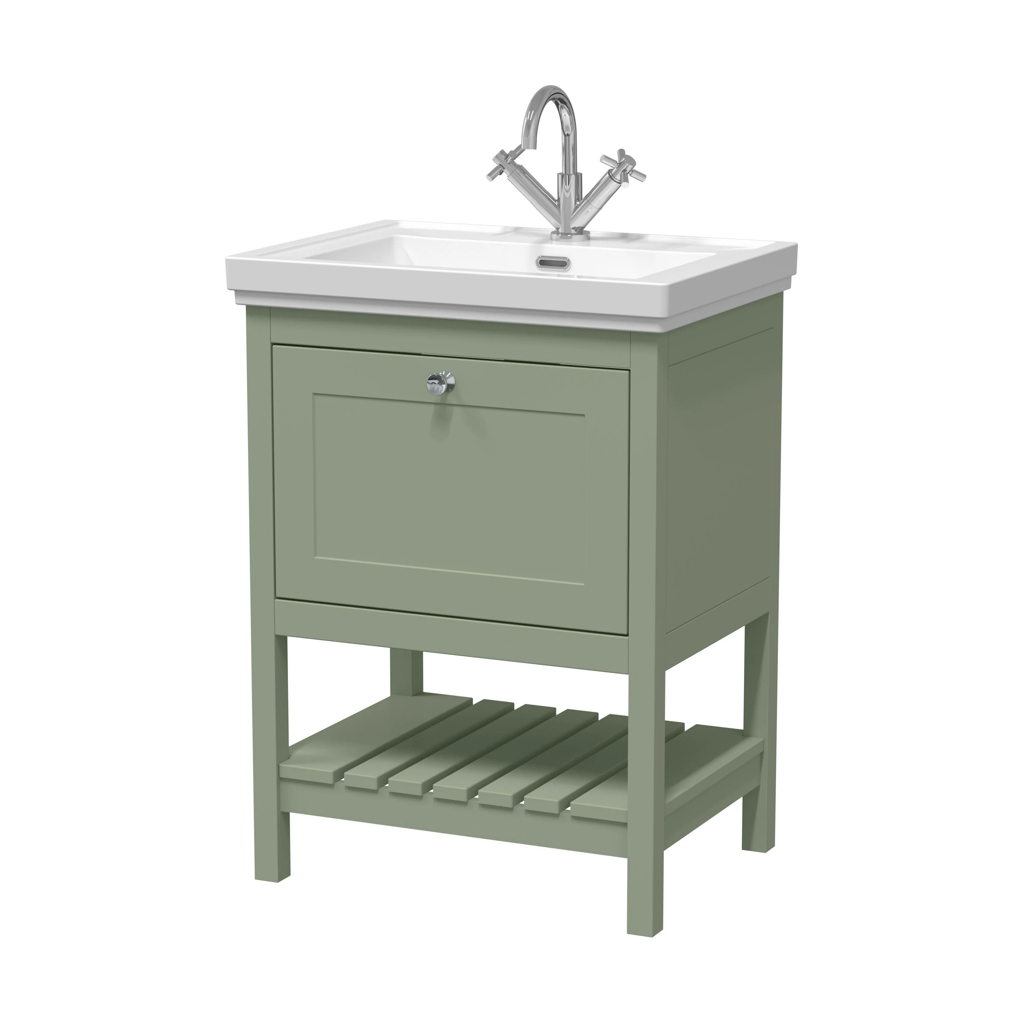 Balterley Rye Traditional Bathroom 1 Soft Close Drawer Floor Standing Vanity Unit Basin, Fern Green, 630mm