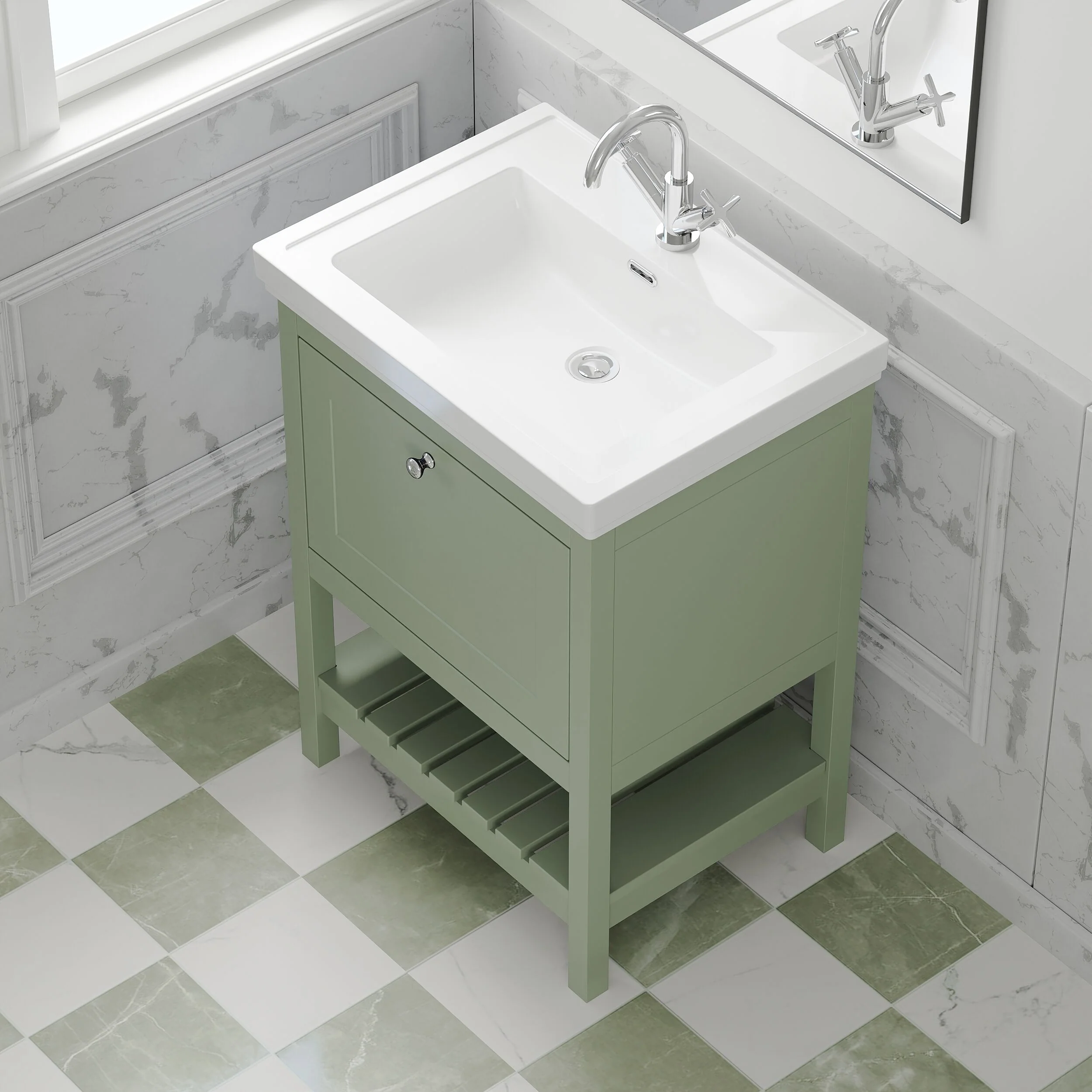 Balterley Rye Traditional Bathroom 1 Soft Close Drawer Floor Standing Vanity Unit Basin, Fern Green, 630mm - Image 3