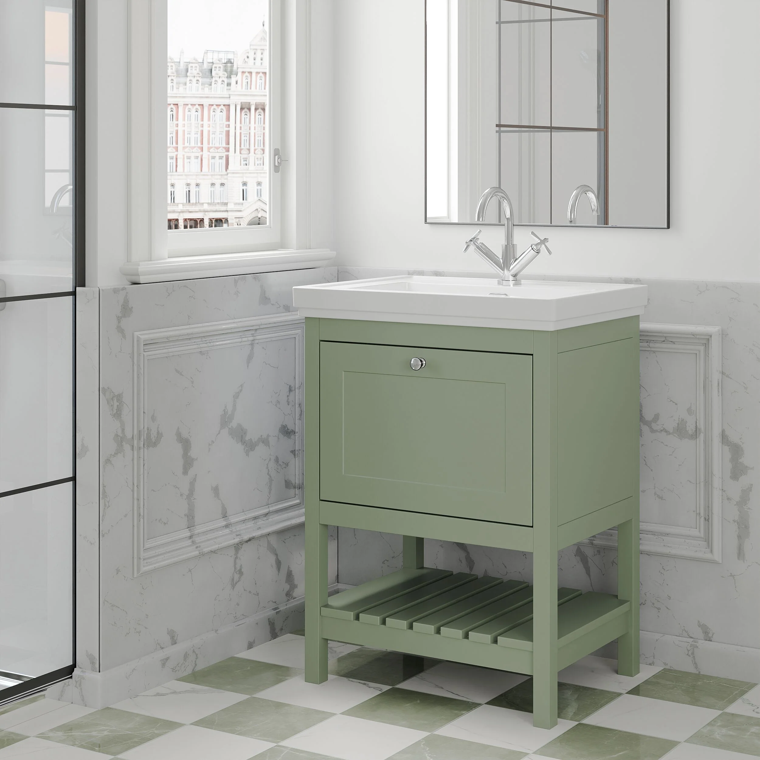 Balterley Rye Traditional Bathroom 1 Soft Close Drawer Floor Standing Vanity Unit Basin, Fern Green, 630mm - Image 4