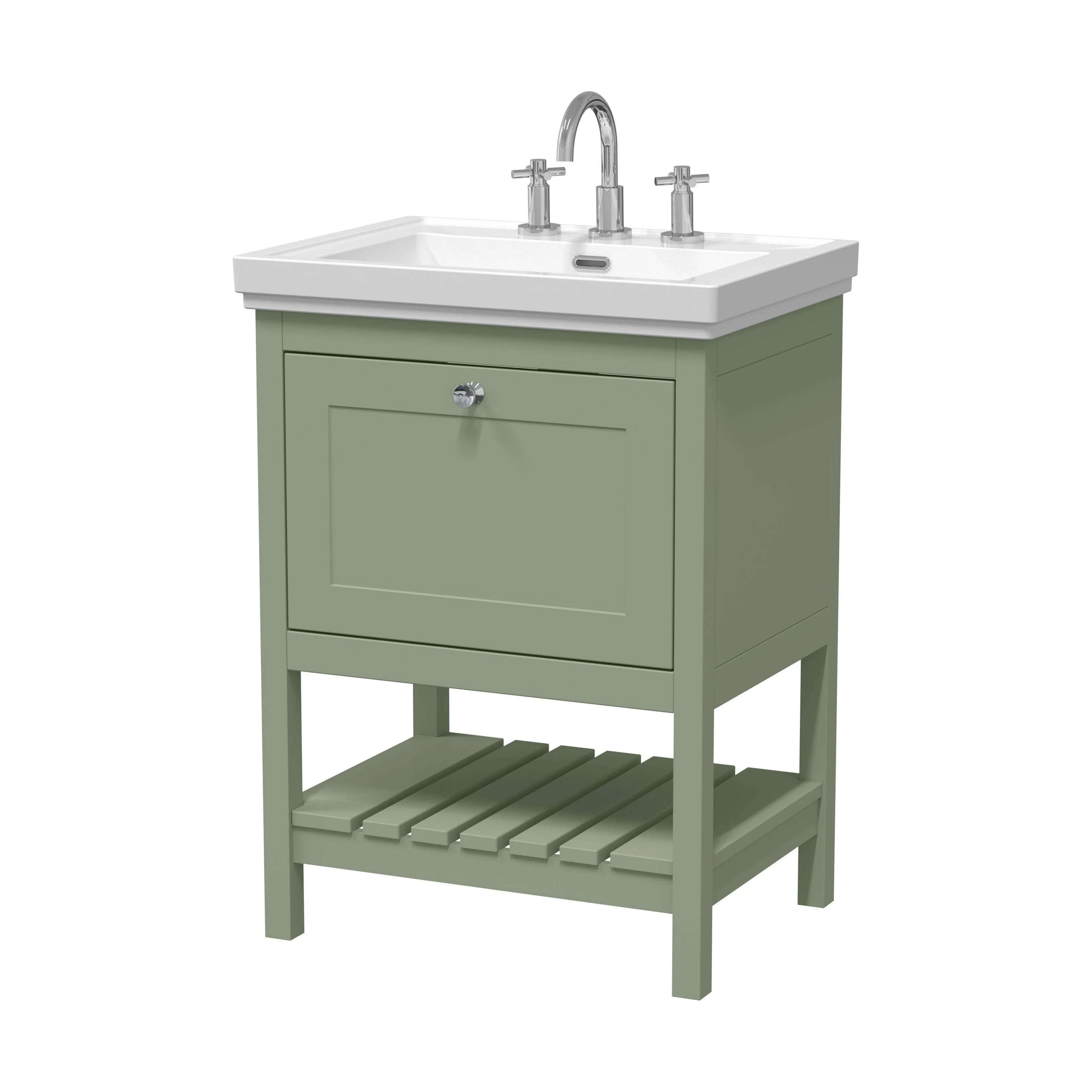 Balterley Rye Traditional Bathroom 1 Soft Close Drawer Floor Standing Vanity Unit Basin, Fern Green, 630mm
