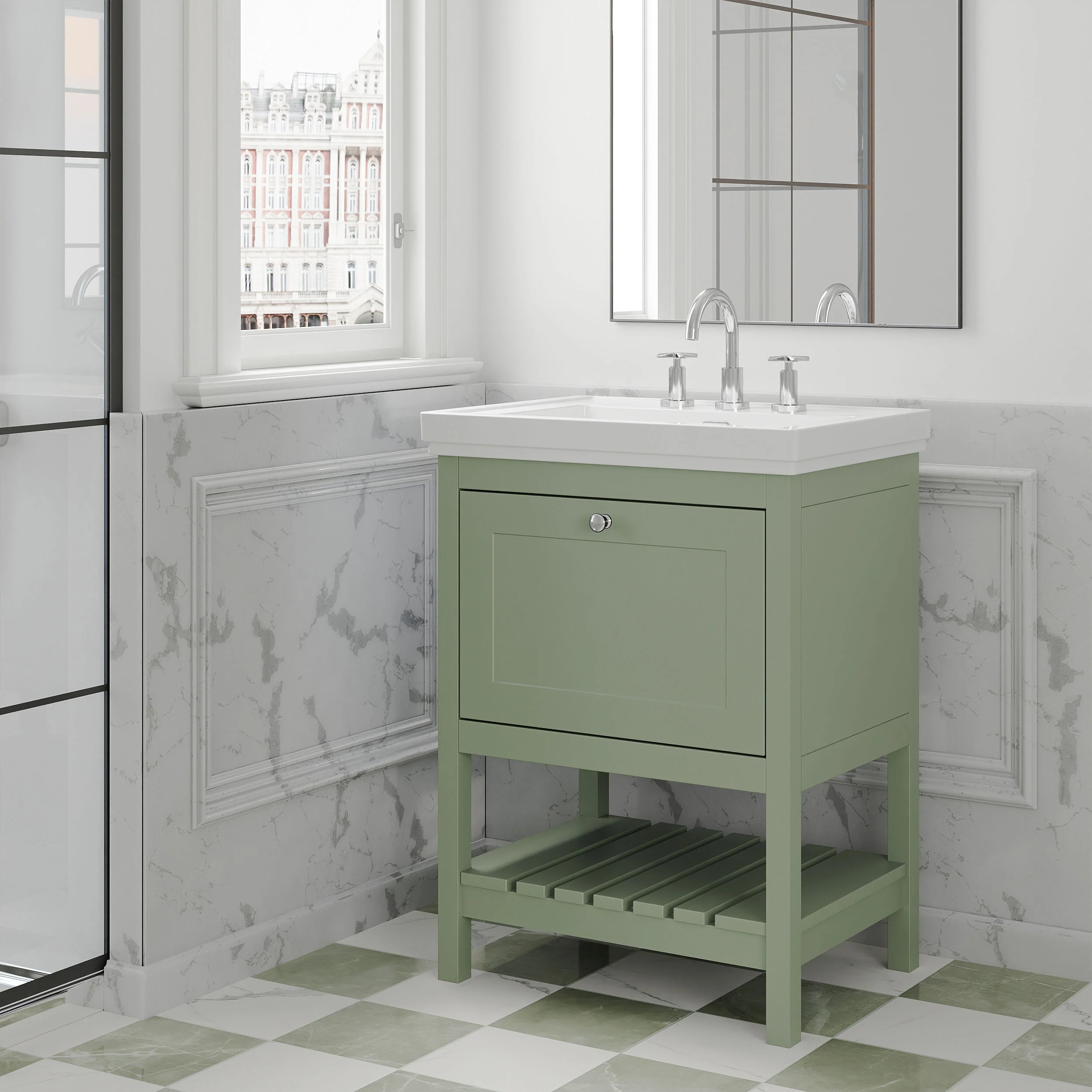 Balterley Rye Traditional Bathroom 1 Soft Close Drawer Floor Standing Vanity Unit Basin, Fern Green, 630mm - Image 4