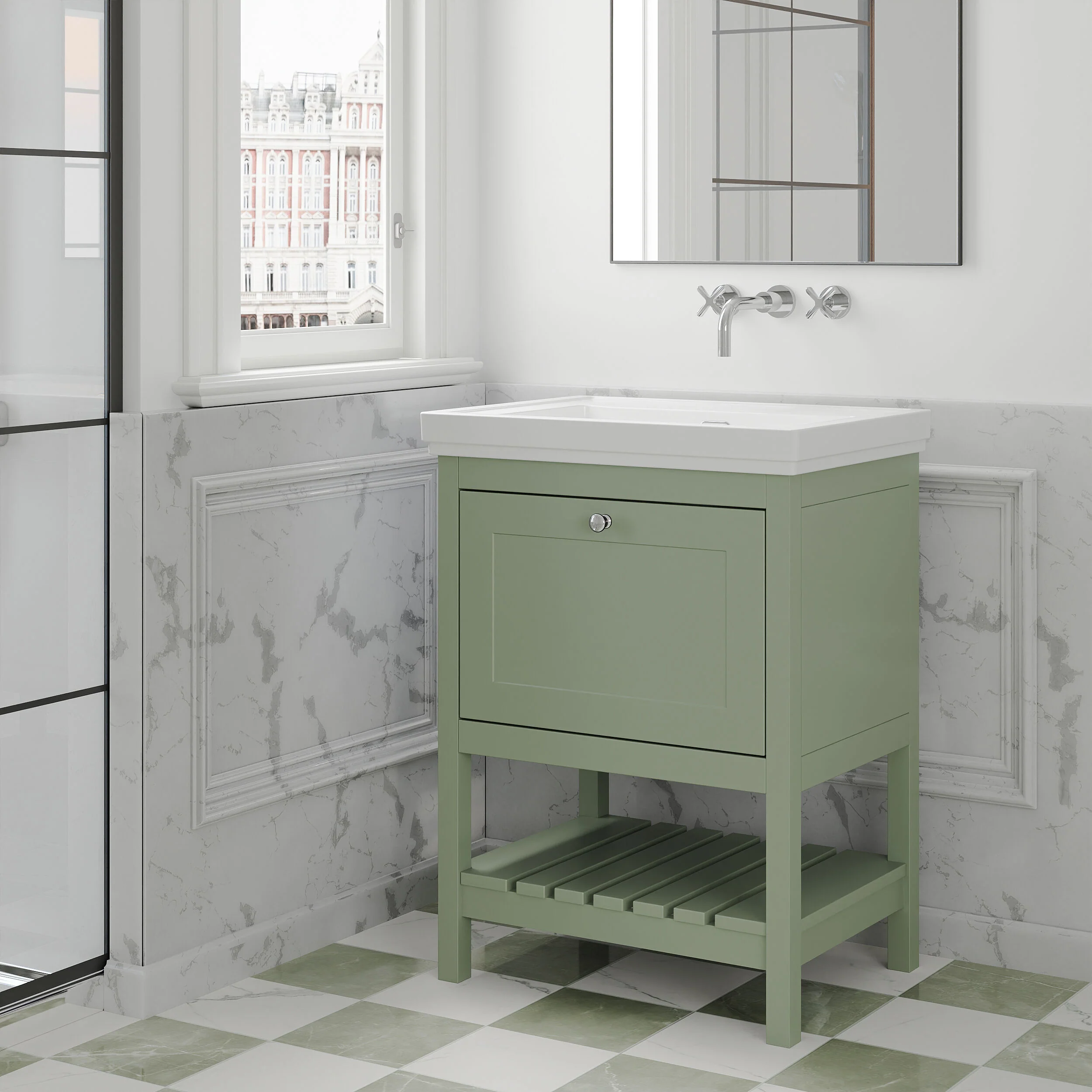 Balterley Rye Traditional Bathroom 1 Soft Close Drawer Floor Standing Vanity Unit Basin, Fern Green, 630mm - Image 4