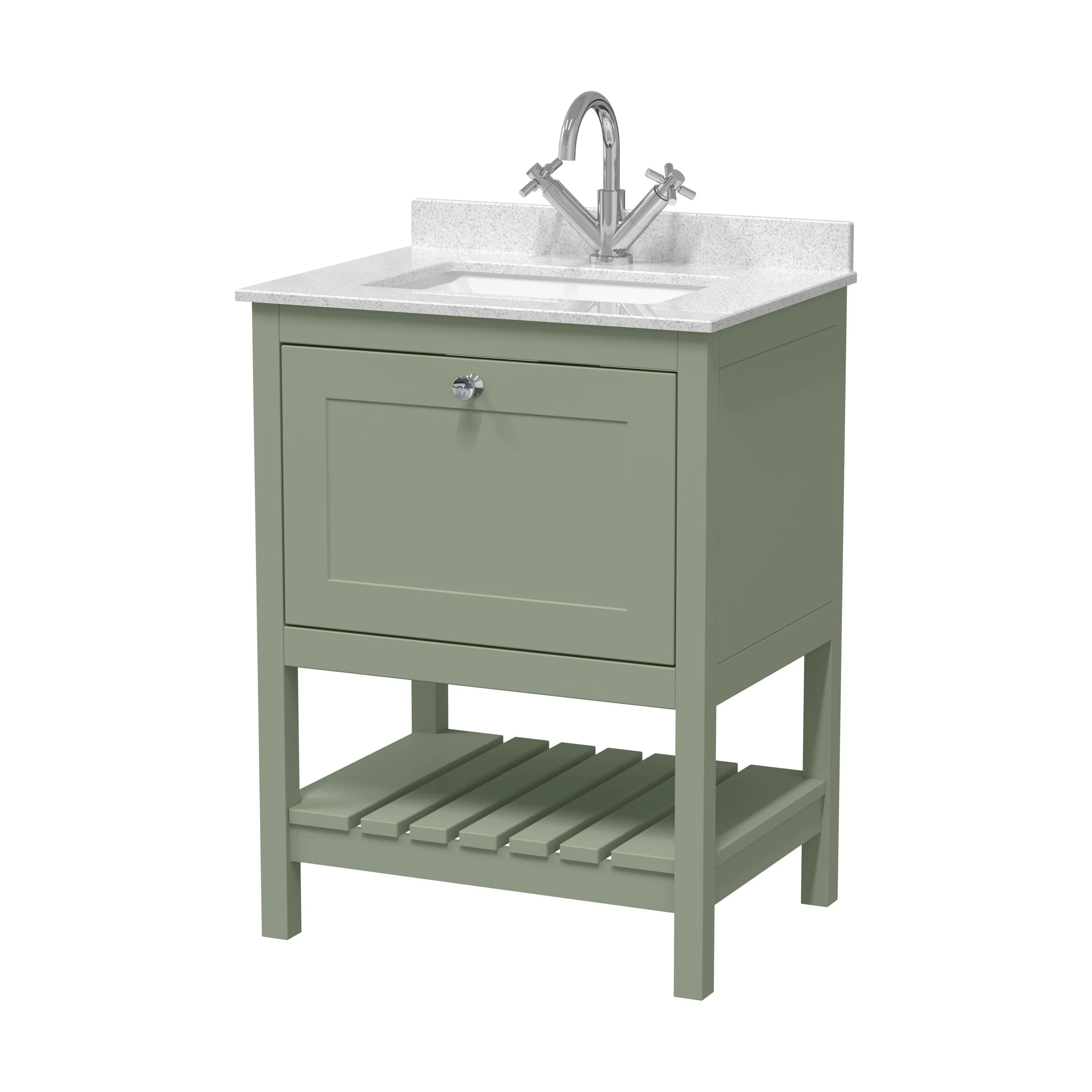 Balterley Rye Traditional Bathroom 1 Soft Close Drawer Floor Standing Vanity Unit Marble Top Basin, Fern Green/White, 620mm